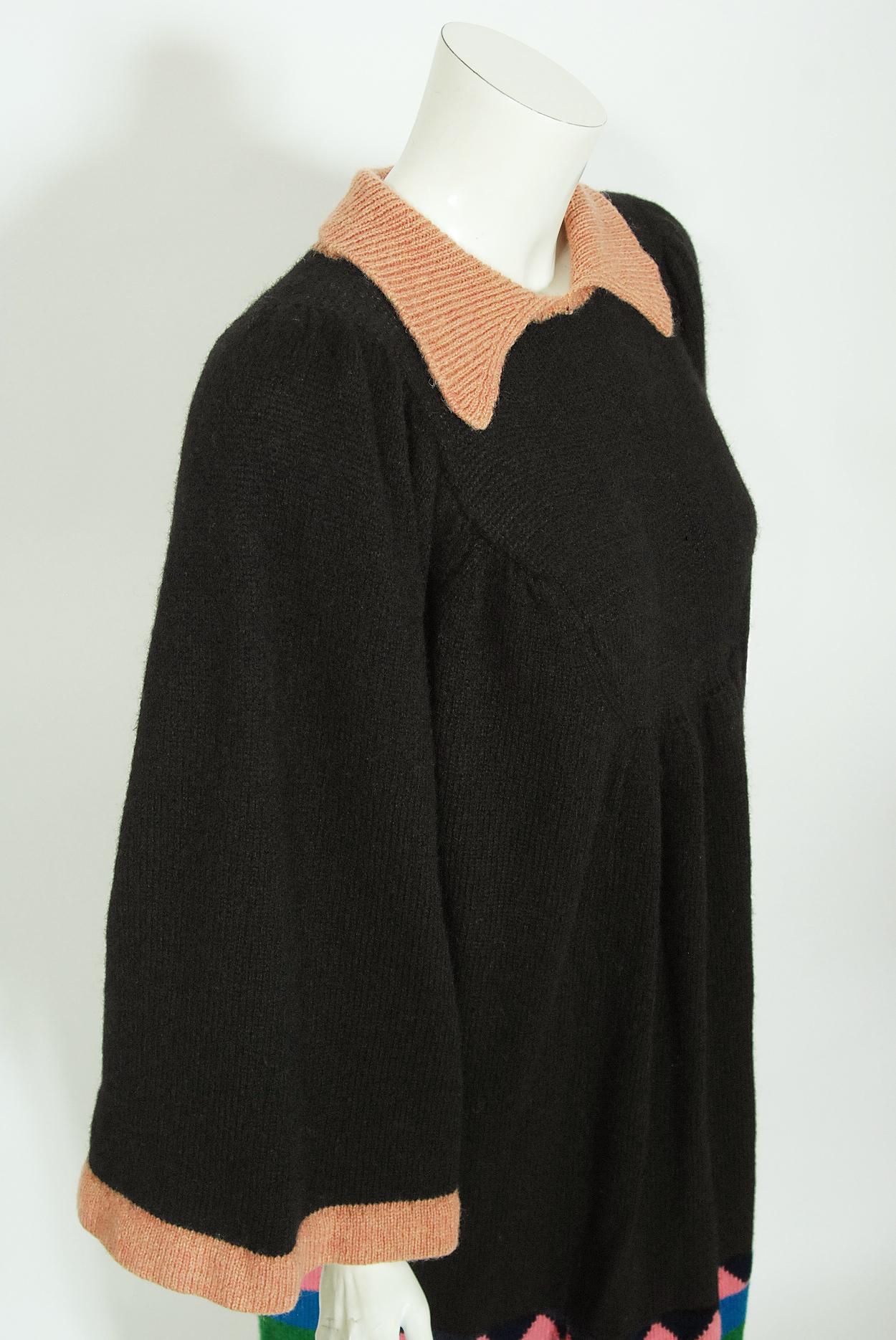 Vintage 1974 Alice Pollock Dokumentiertes buntes böhmisches Vintage-Pulloverkleid aus Wollstrick im Zustand „Gut“ in Beverly Hills, CA