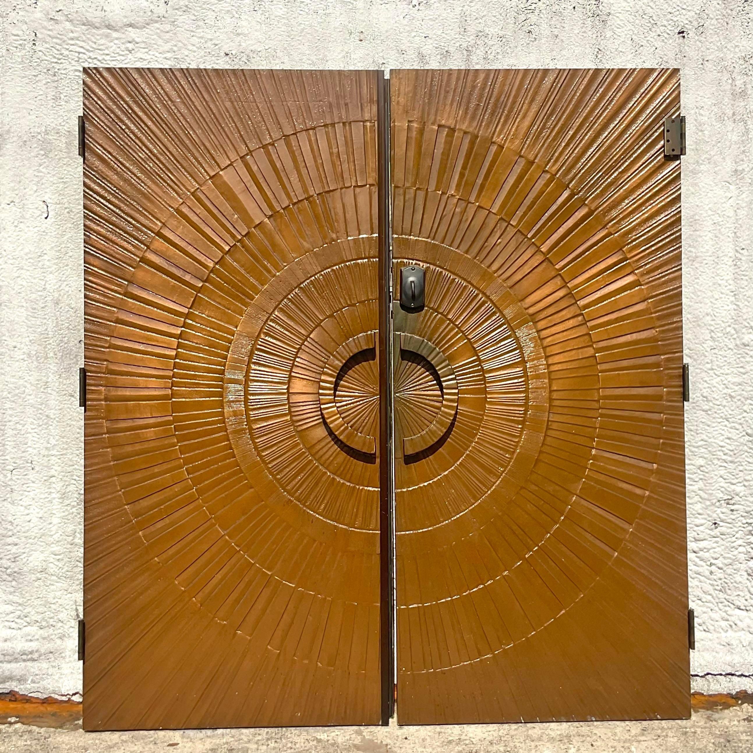 Mid-Century Modern Vintage 1971 Boho “Heroic Sunburst” Bronzed Resin Over Wood Doors - a Pair For Sale