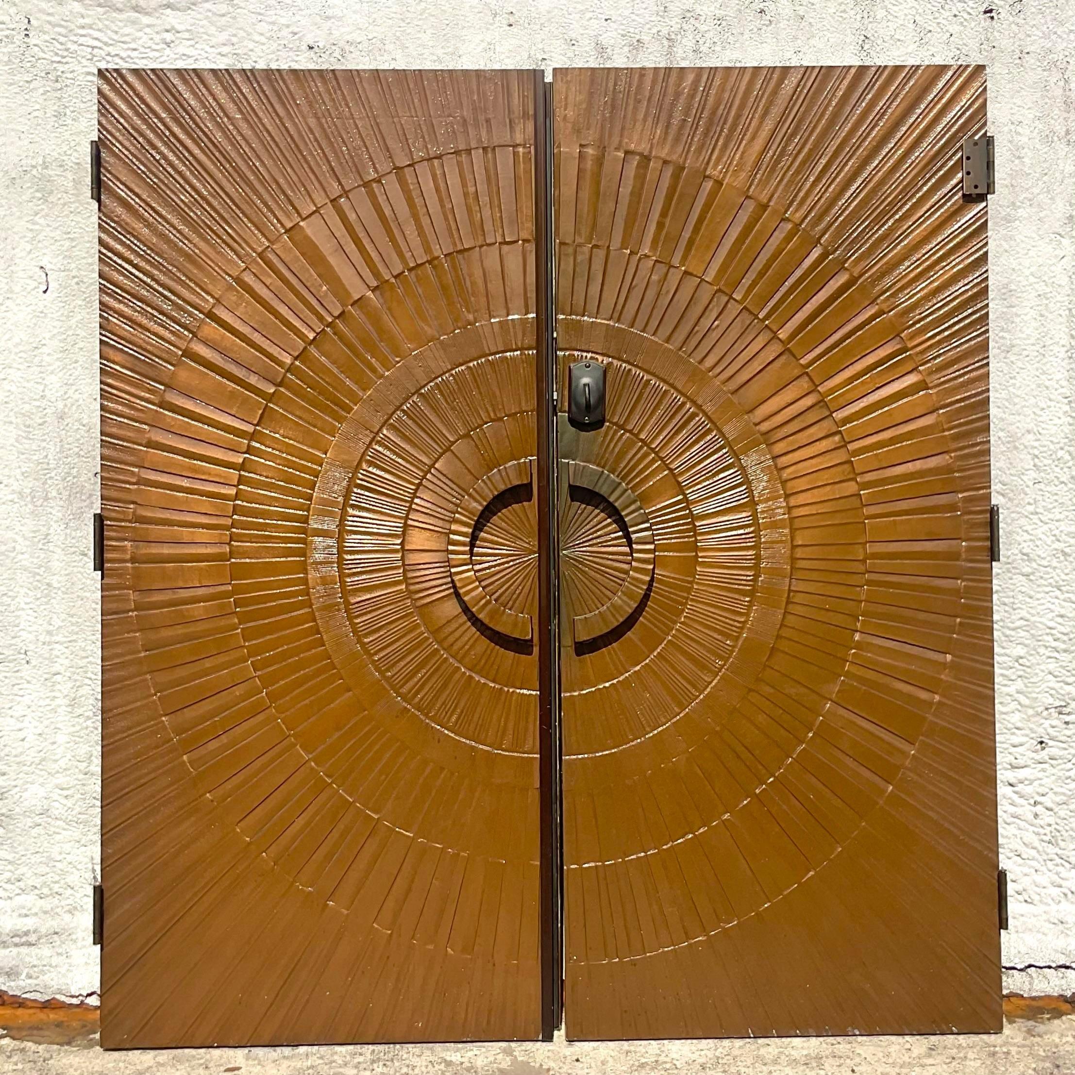 American Vintage 1971 Boho “Heroic Sunburst” Bronzed Resin Over Wood Doors - a Pair For Sale