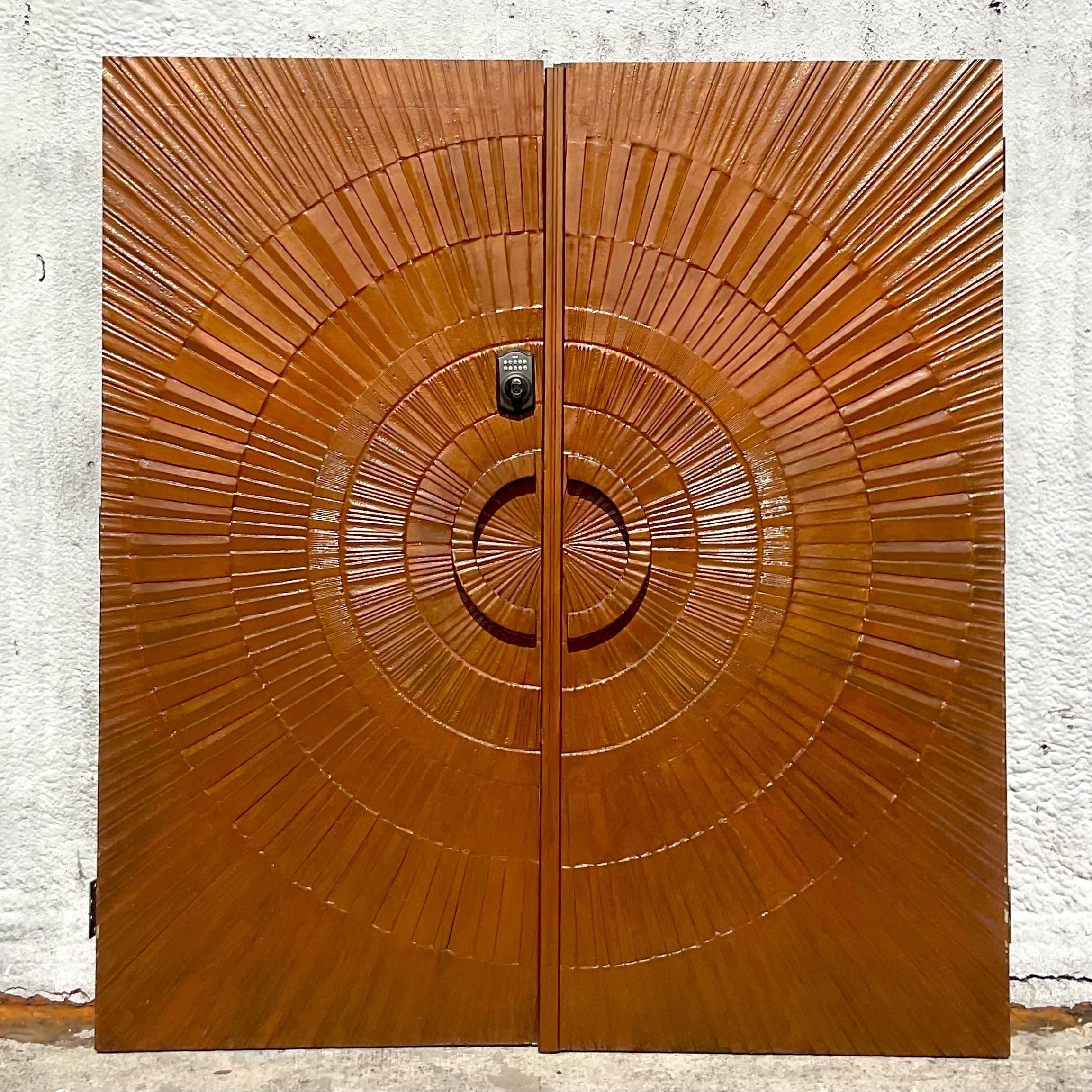 Vintage 1971 Boho “Heroic Sunburst” Bronzed Resin Over Wood Doors - a Pair In Good Condition For Sale In West Palm Beach, FL