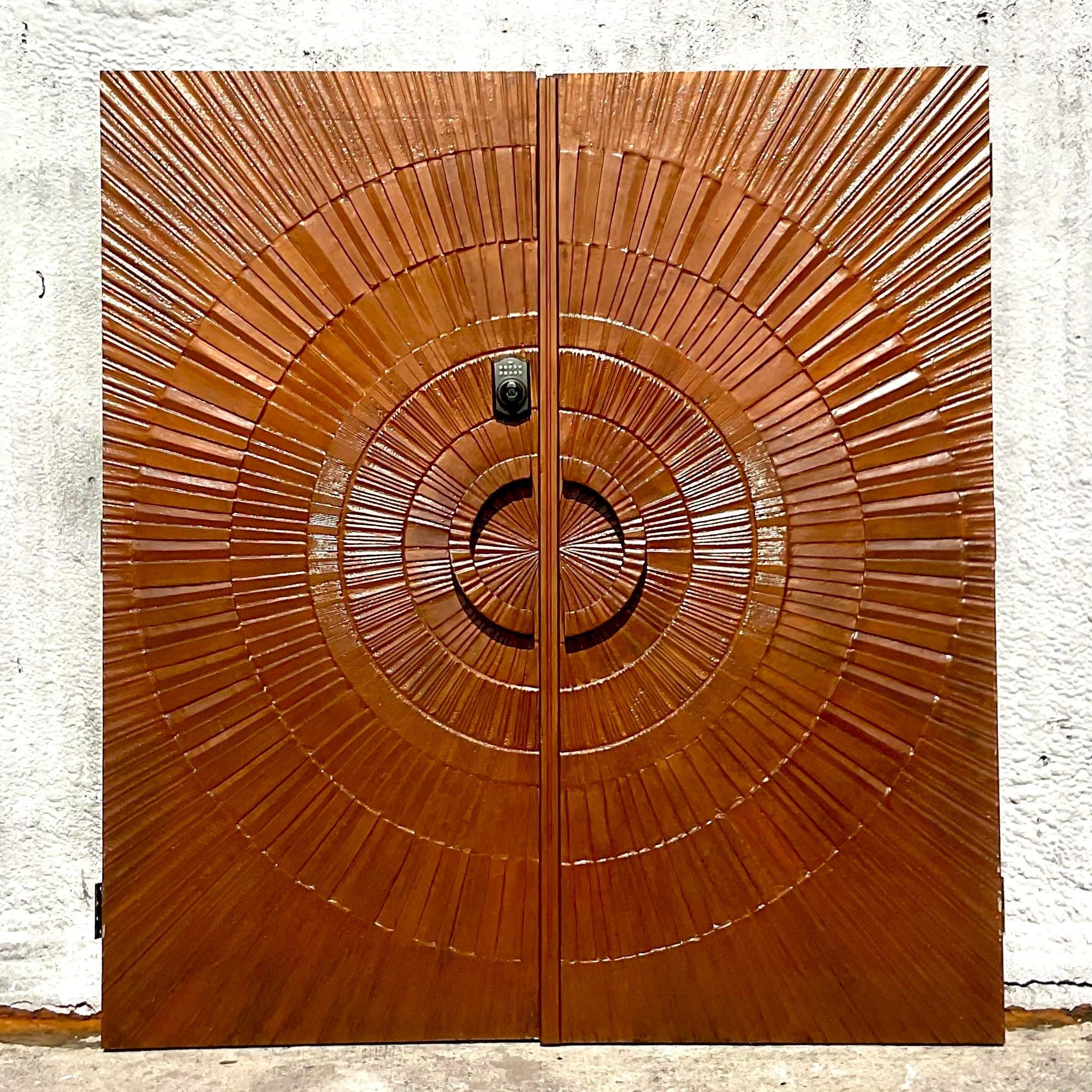Vintage 1971 Boho “Heroic Sunburst” Bronzed Resin Over Wood Doors - a Pair For Sale 1