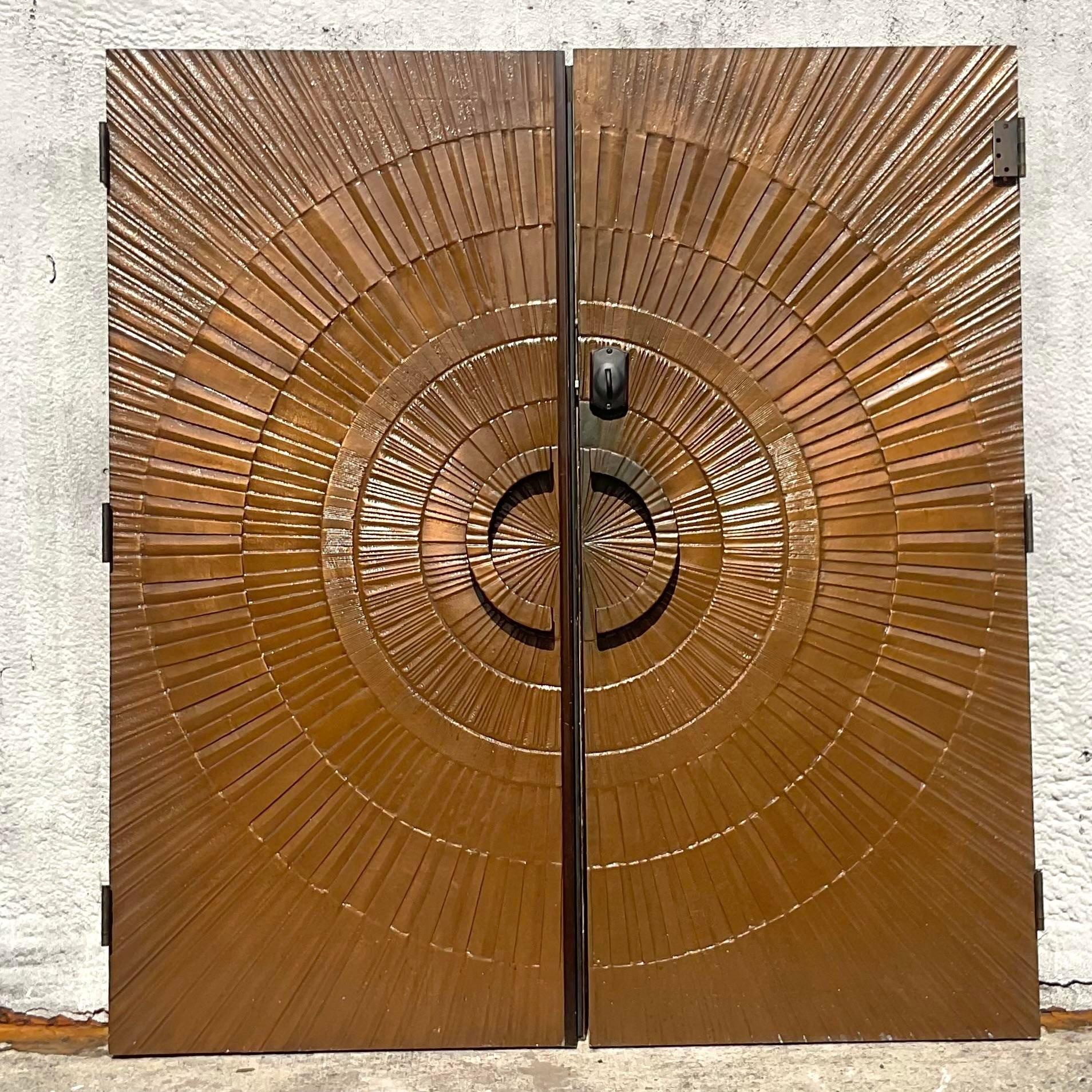 Vintage 1971 Boho “Heroic Sunburst” Bronzed Resin Over Wood Doors - a Pair For Sale 2