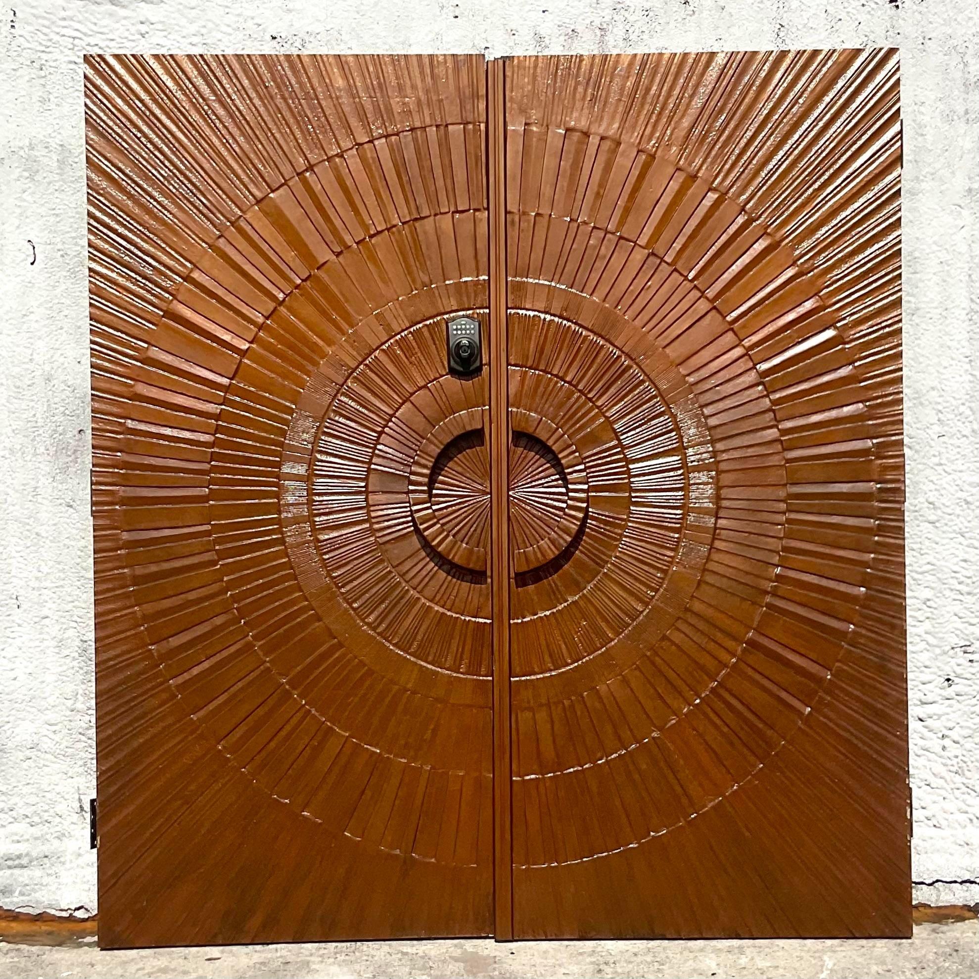 Vintage 1971 Boho “Heroic Sunburst” Bronzed Resin Over Wood Doors - a Pair For Sale 3