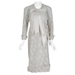 Vintage 1971 Chanel Haute Couture Documented White Floral Lace Silk Dress Set