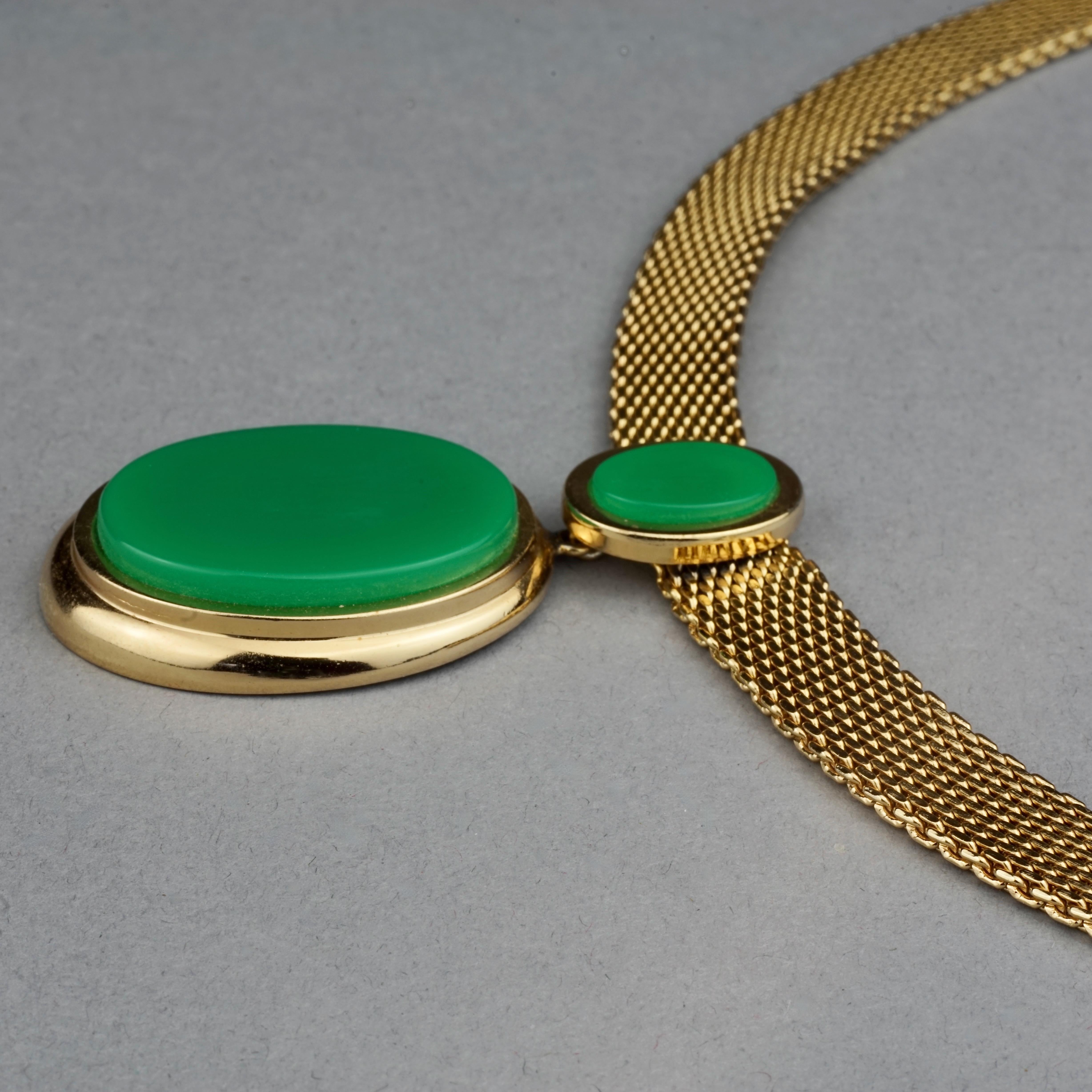 Vintage 1971 CHRISTIAN DIOR Double Oval Green Pendant Chain Necklace For Sale 3