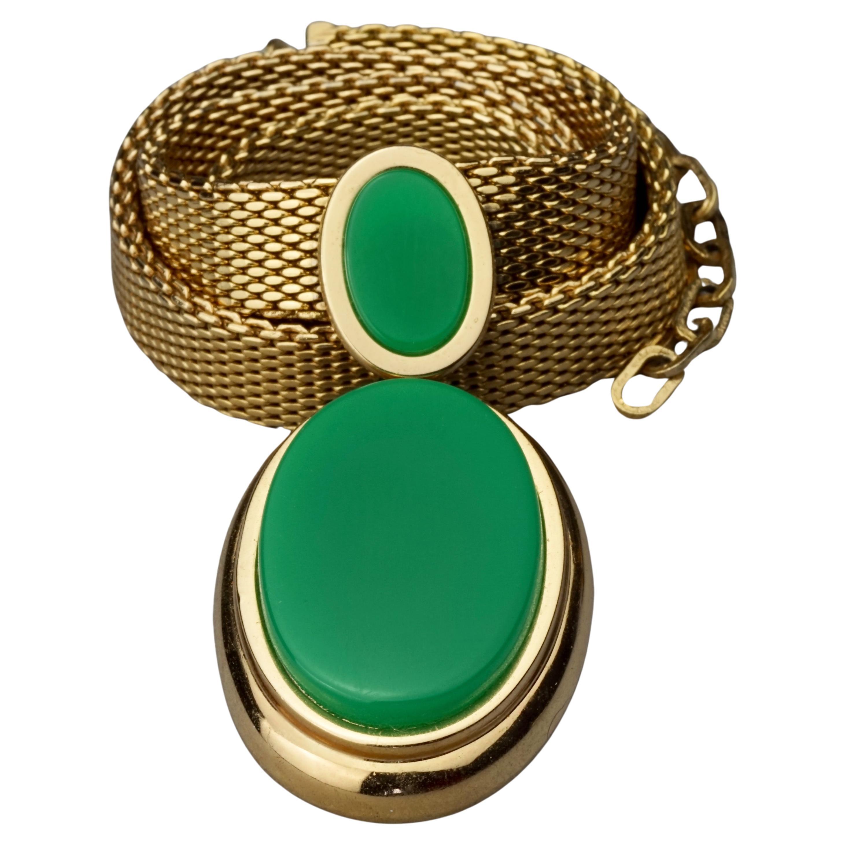 Vintage 1971 CHRISTIAN DIOR Double Oval Green Pendant Chain Necklace For Sale