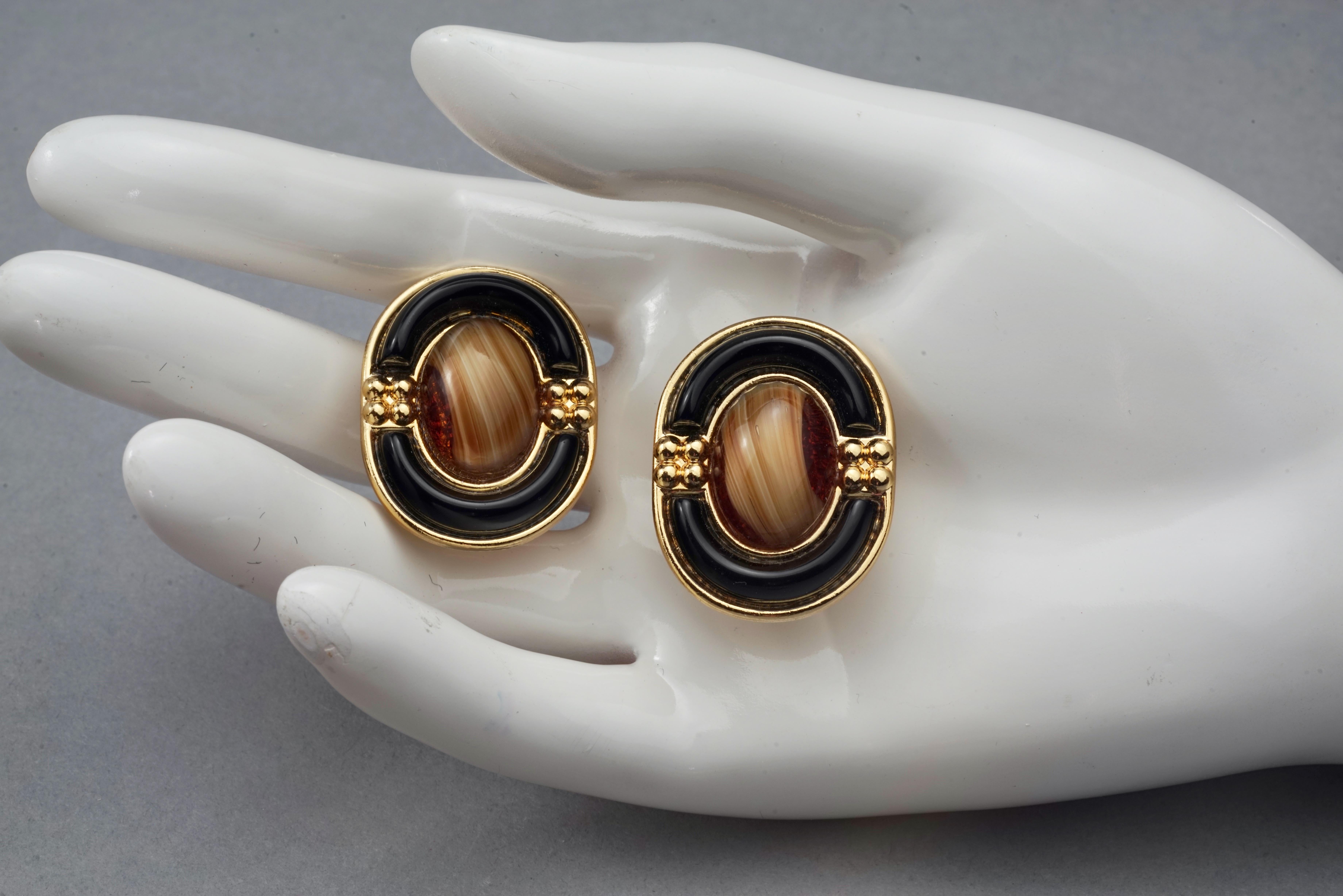 Vintage 1971 CHRISTIAN DIOR Tiger Eye Oval Glass Cabochon Earrings For Sale 3