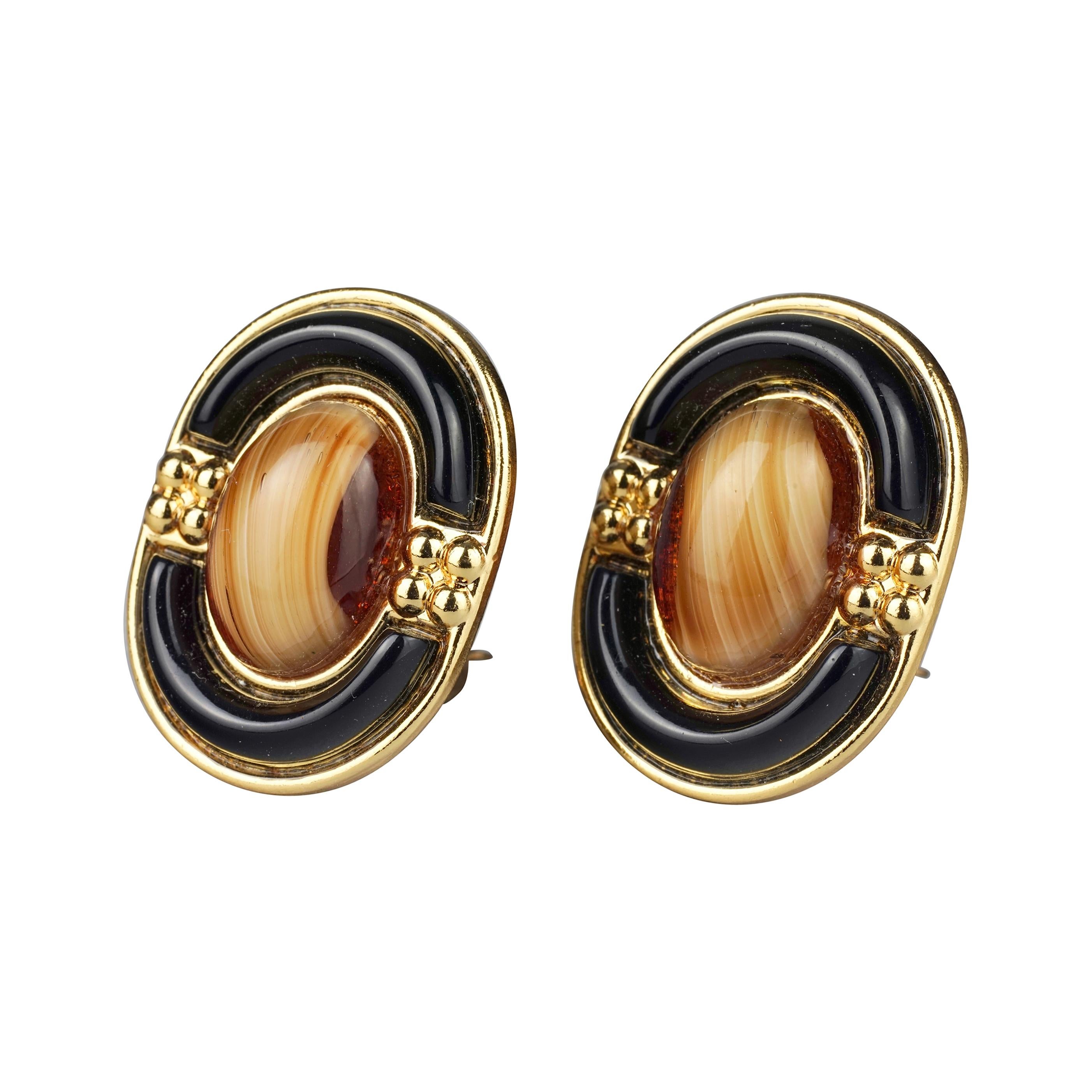 Vintage 1971 CHRISTIAN DIOR Tiger Eye Oval Glass Cabochon Earrings For Sale