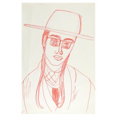 Vintage 1971 Hip Red Pen and Ink Portrait Drawing