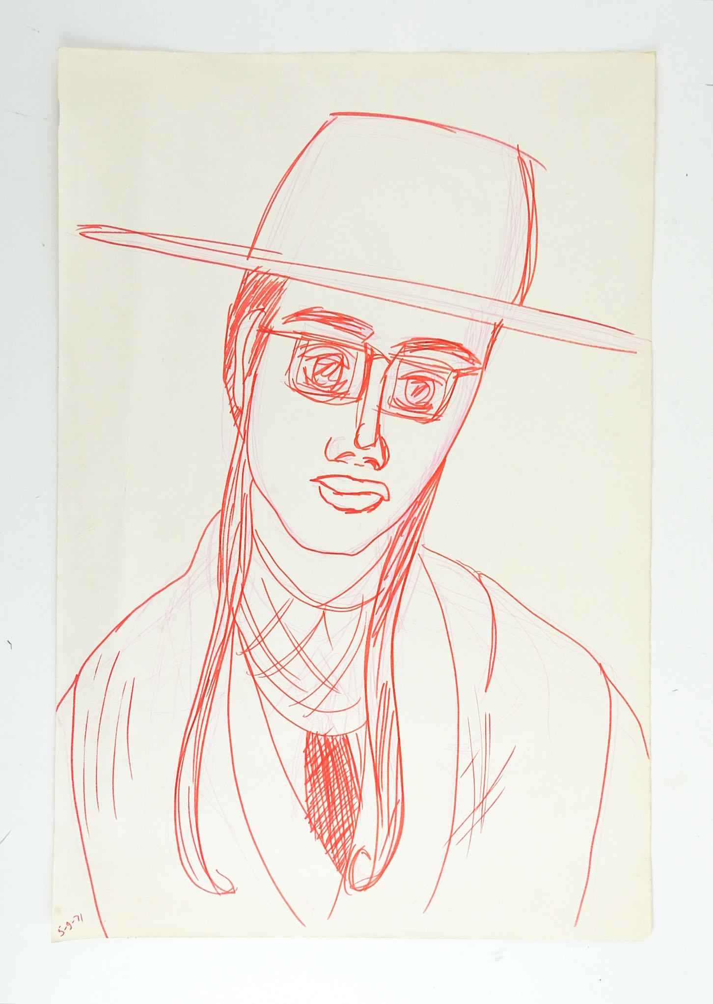 Red ink portrait drawing by Betty Lieberman Gerald (20th Century) Texas. Unsigned, dated 1971 lower left corner. Unframed, age toning, from the artists estate.