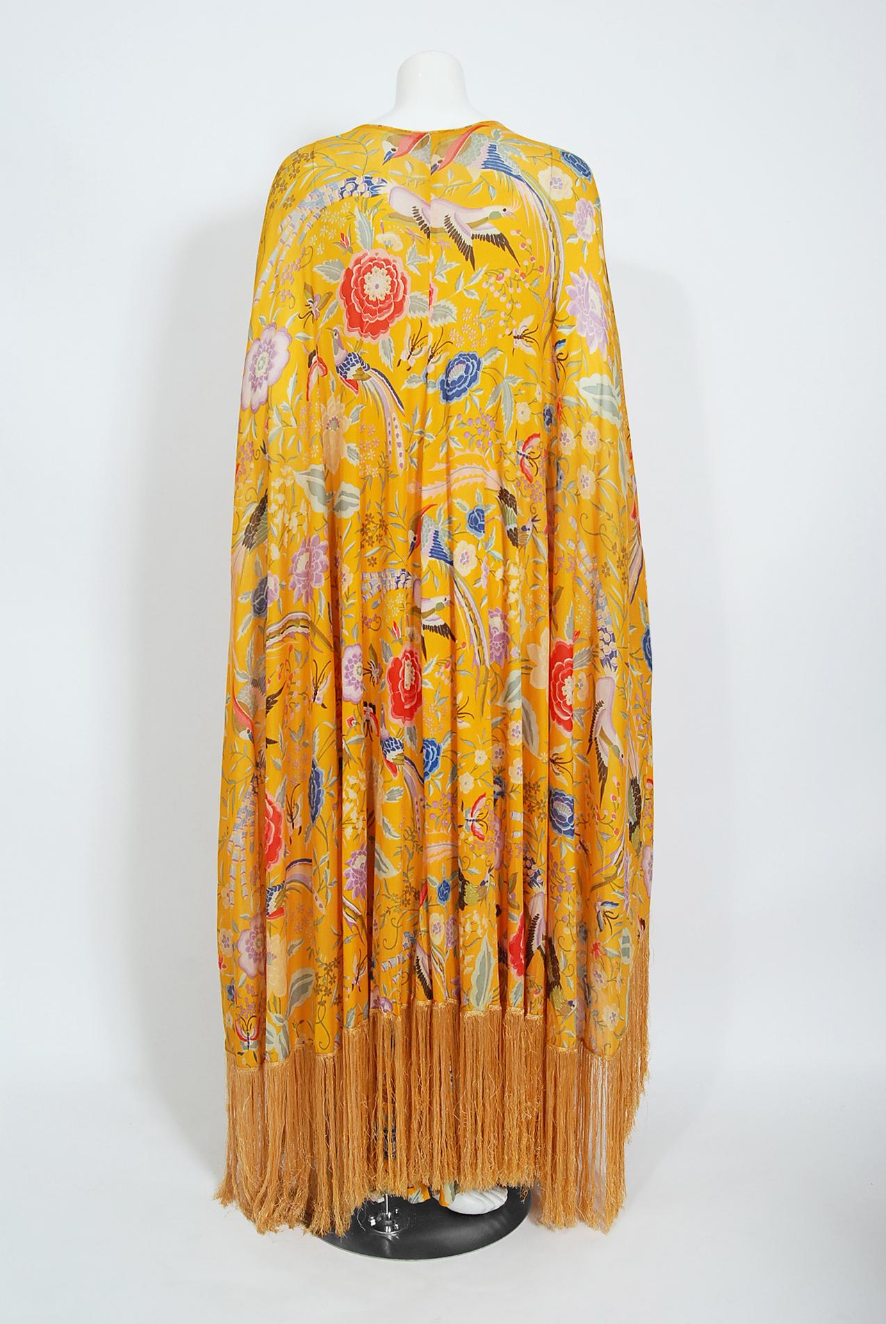 Vintage 1971 Missoni Couture Floral Bird Print Silk-Jersey Fringe Caftan Gown 3