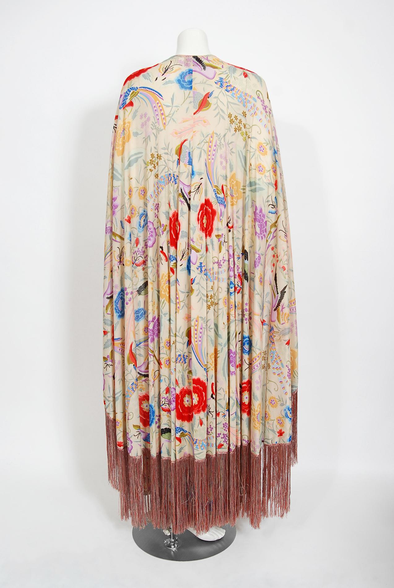 Vintage 1971 Missoni Couture Floral Bird Print Silk-Jersey Fringe Caftan Gown 6