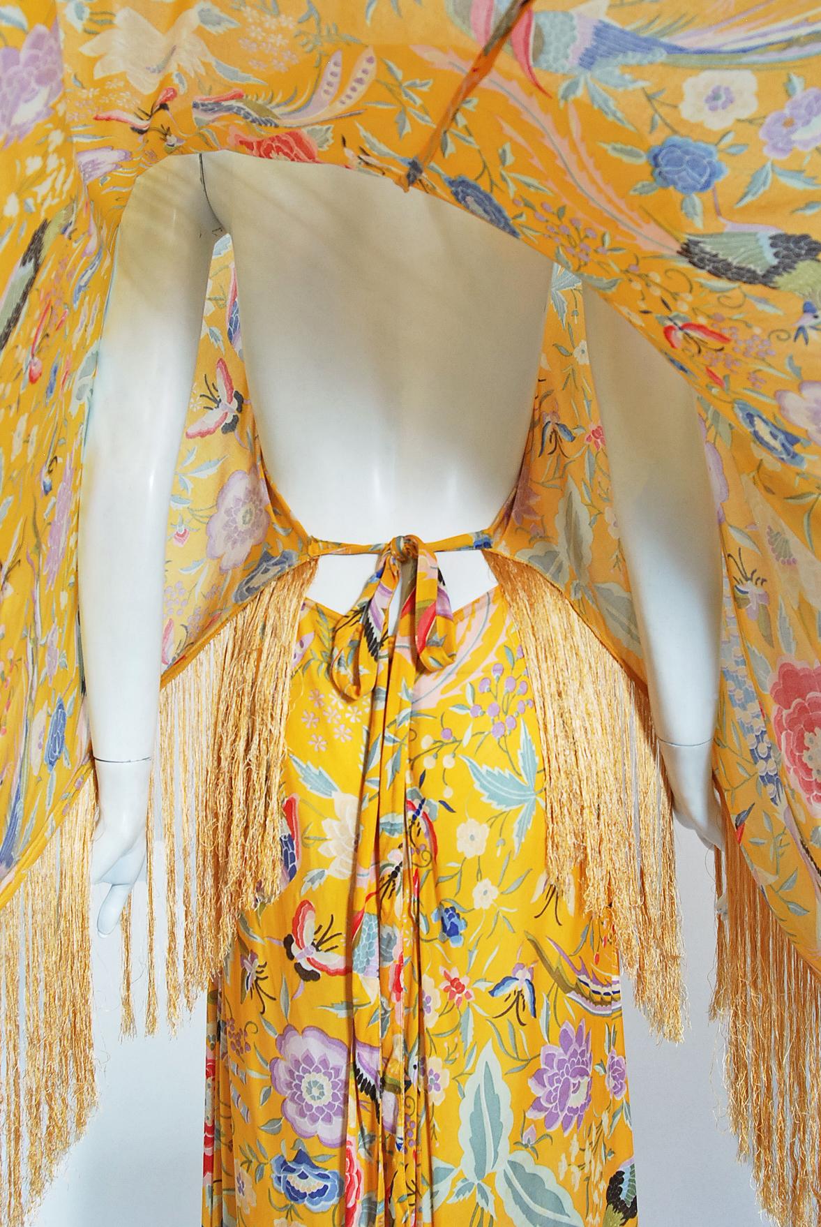 Vintage 1971 Missoni Couture Floral Bird Print Silk-Jersey Fringe Caftan Gown 4