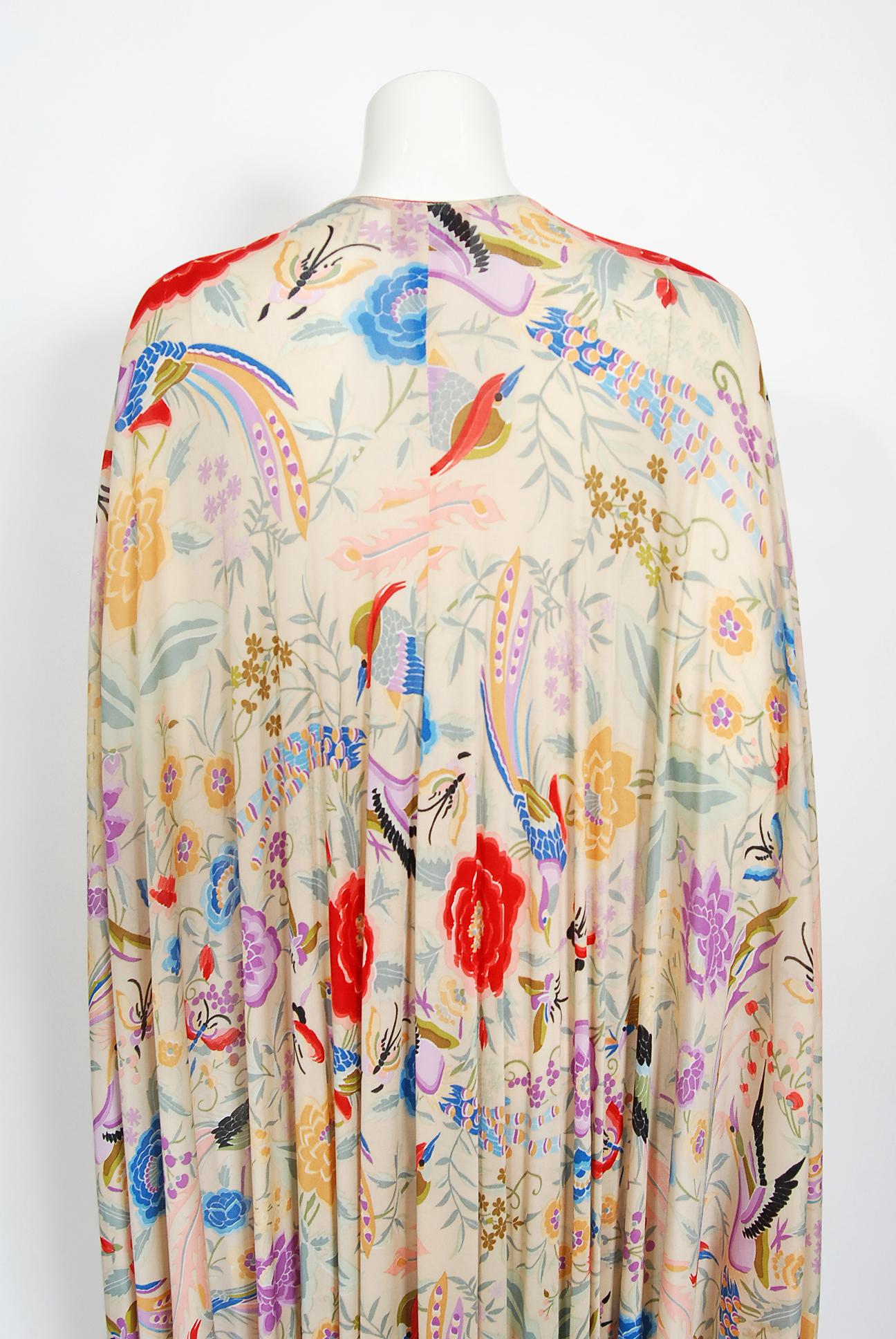 Vintage 1971 Missoni Couture Floral Bird Print Silk-Jersey Fringe Caftan Gown 7