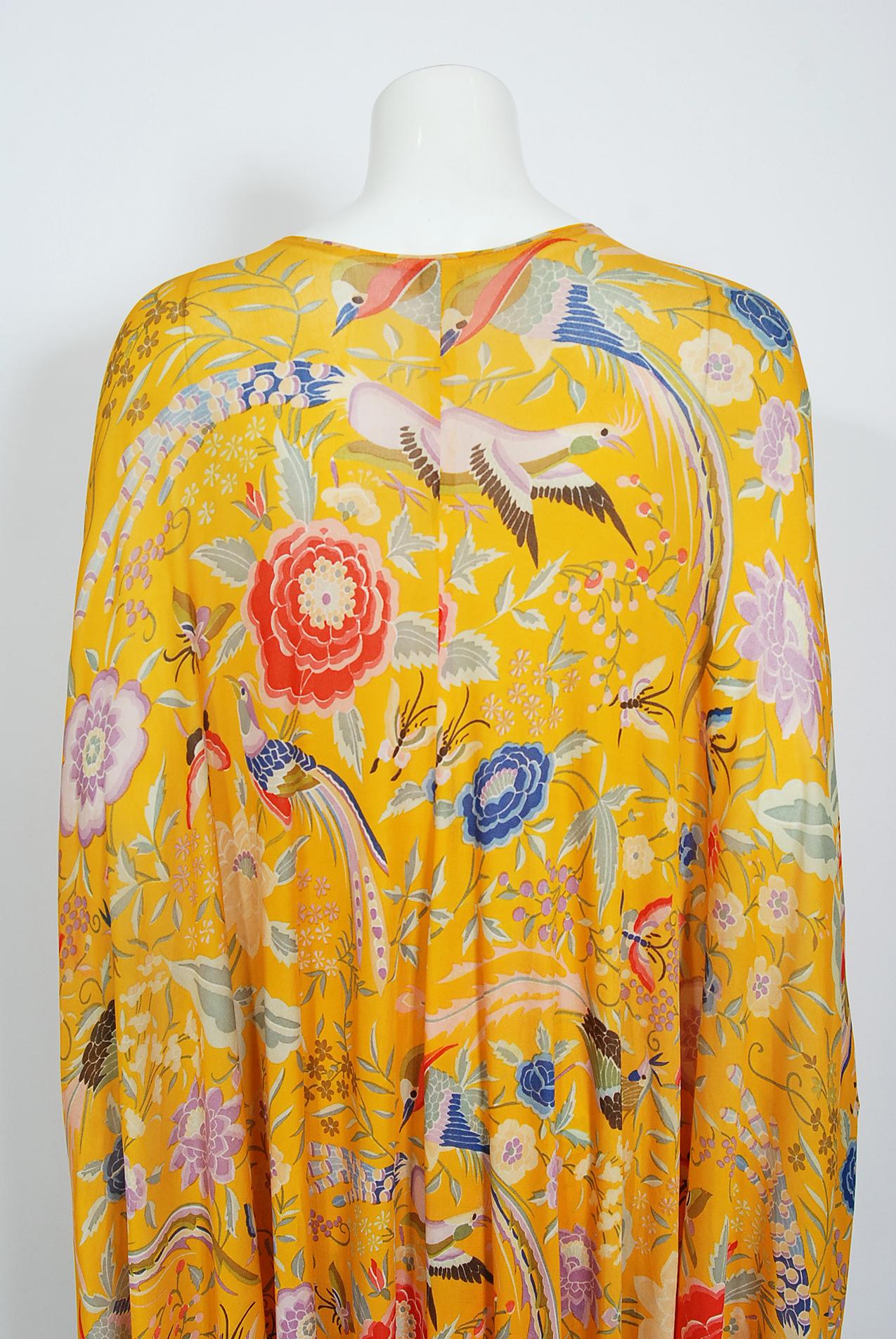 Vintage 1971 Missoni Couture Floral Bird Print Silk-Jersey Fringe Caftan Gown 5