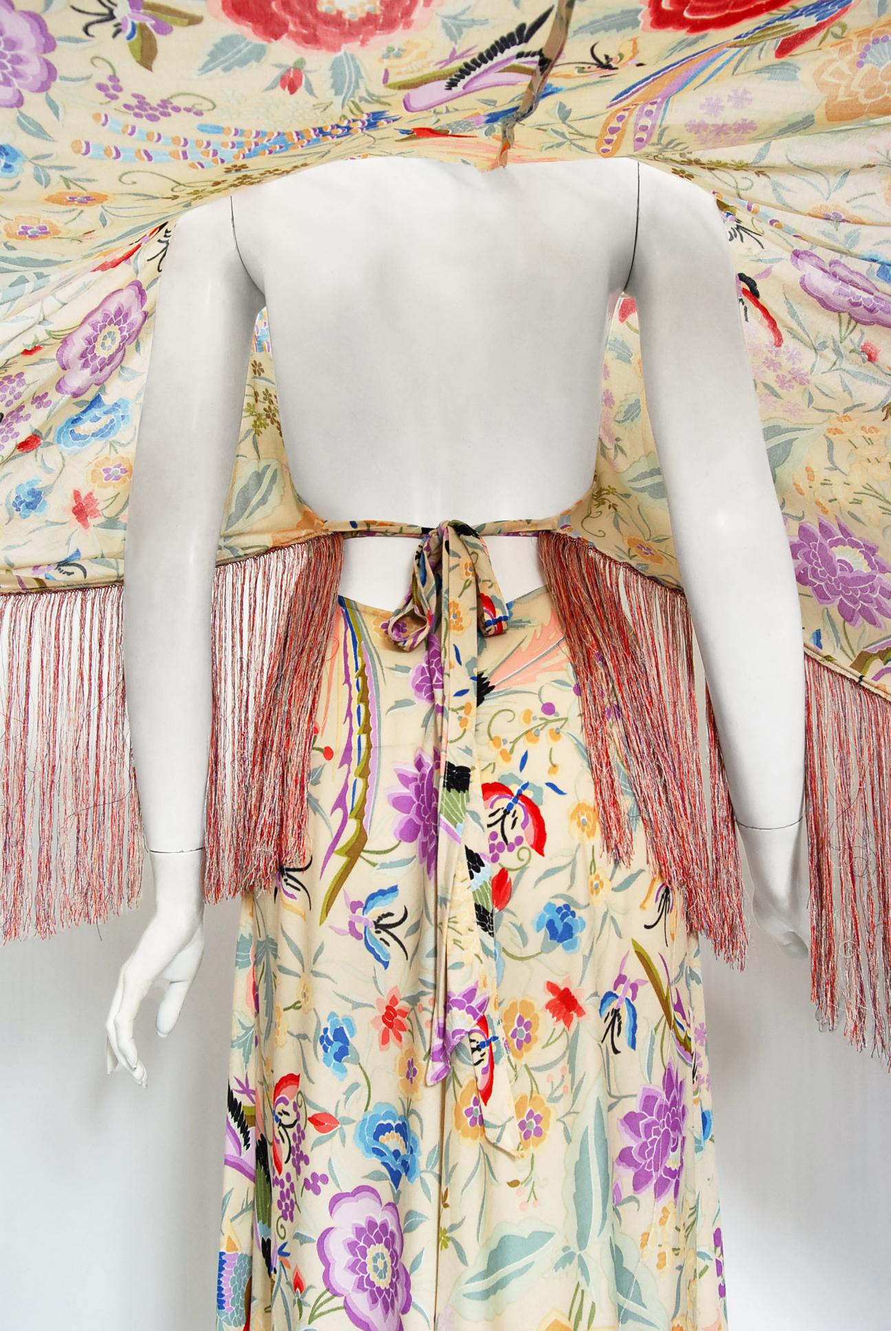 Vintage 1971 Missoni Couture Floral Vogel Druck Seide-Jersey Fransen Kaftan Kleid 9