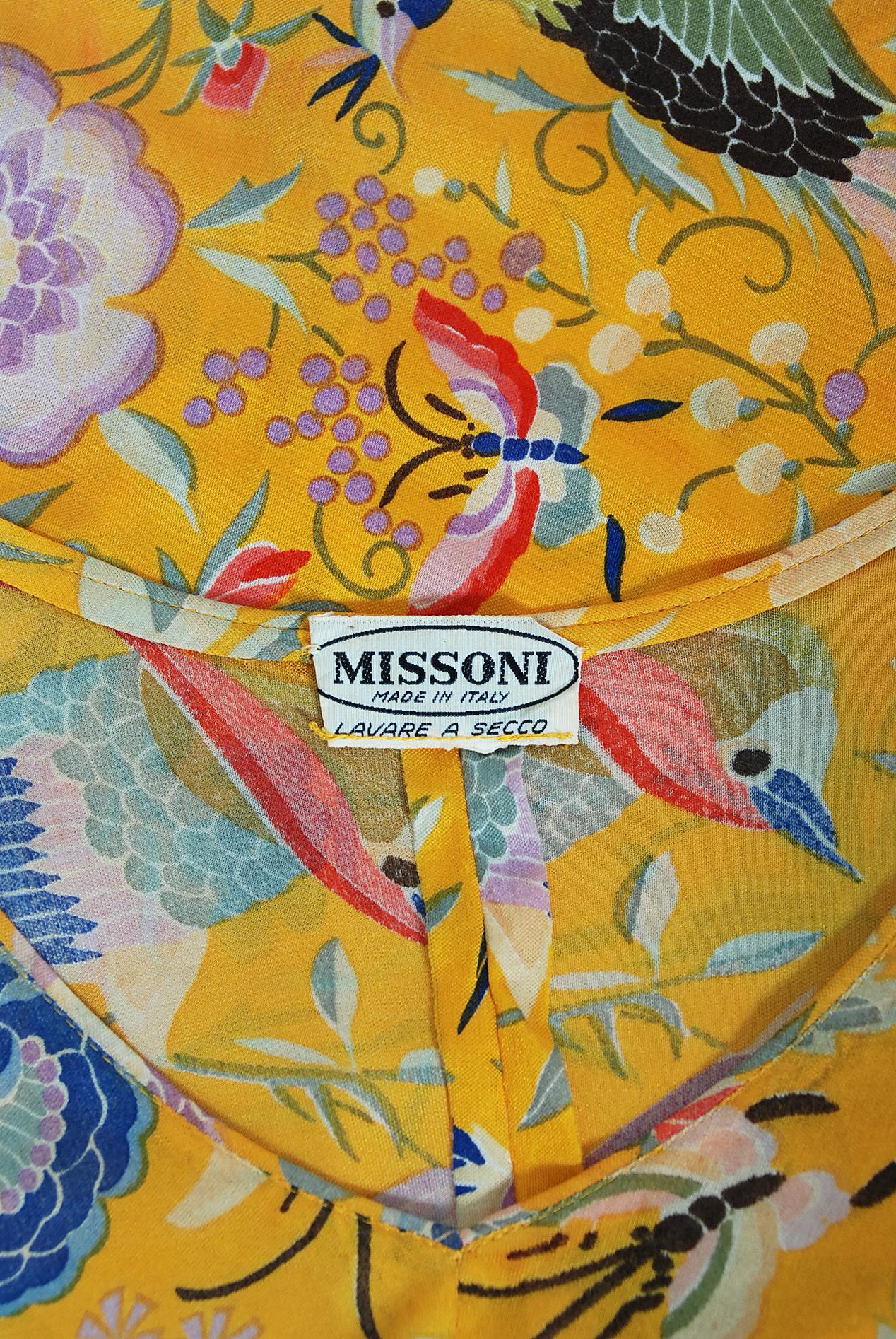 Vintage 1971 Missoni Couture Floral Bird Print Silk-Jersey Fringe Caftan Gown 6