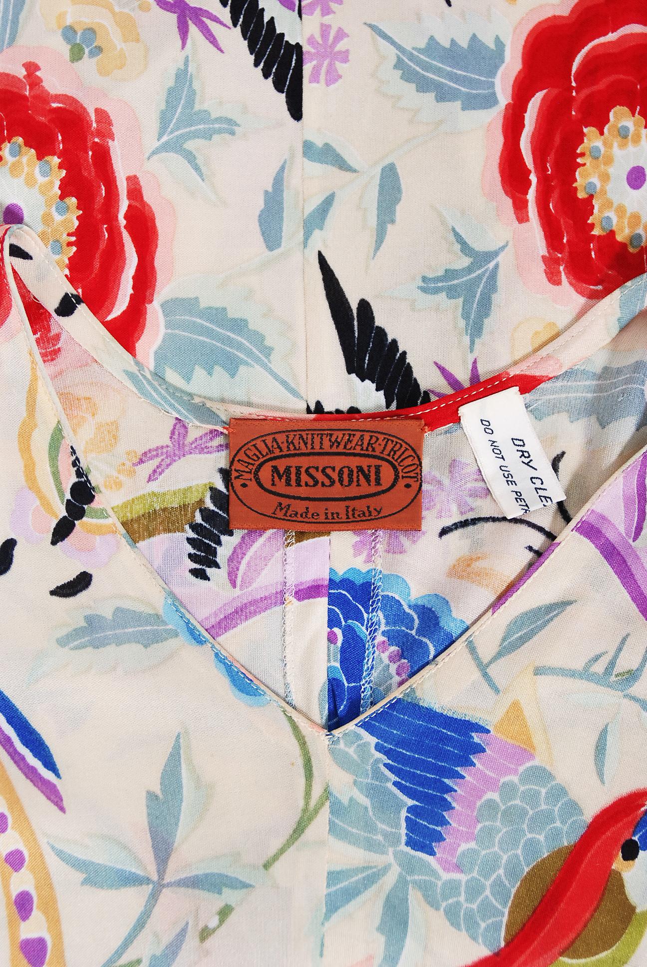 Vintage 1971 Missoni Couture Floral Bird Print Silk-Jersey Fringe Caftan Gown 9
