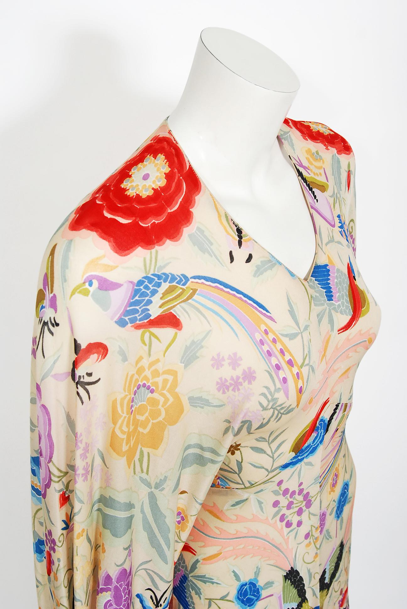 Vintage 1971 Missoni Couture Floral Vogel Druck Seide-Jersey Fransen Kaftan Kleid Damen
