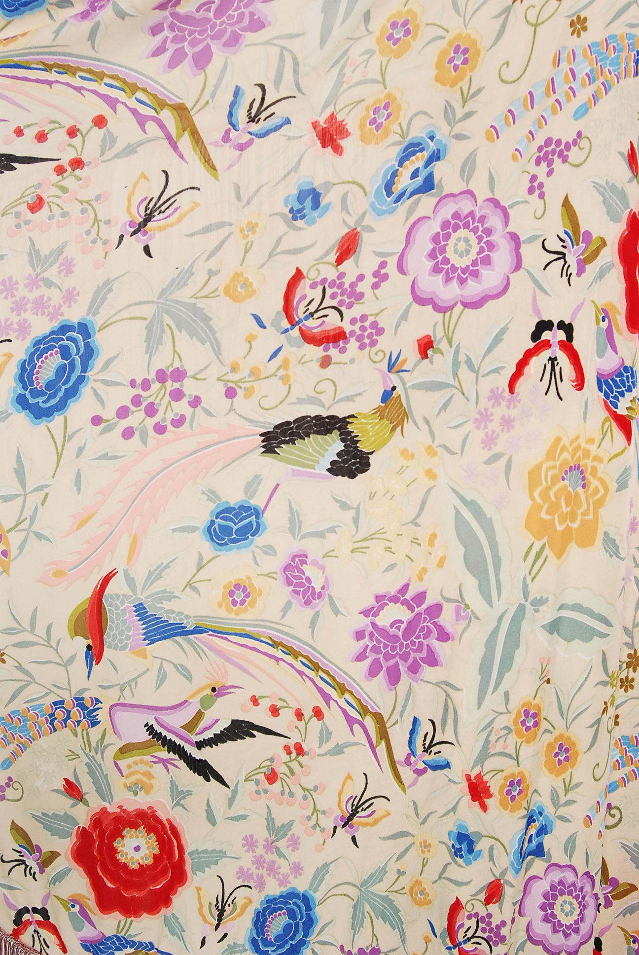 Women's Vintage 1971 Missoni Couture Floral Bird Print Silk-Jersey Fringe Caftan Gown
