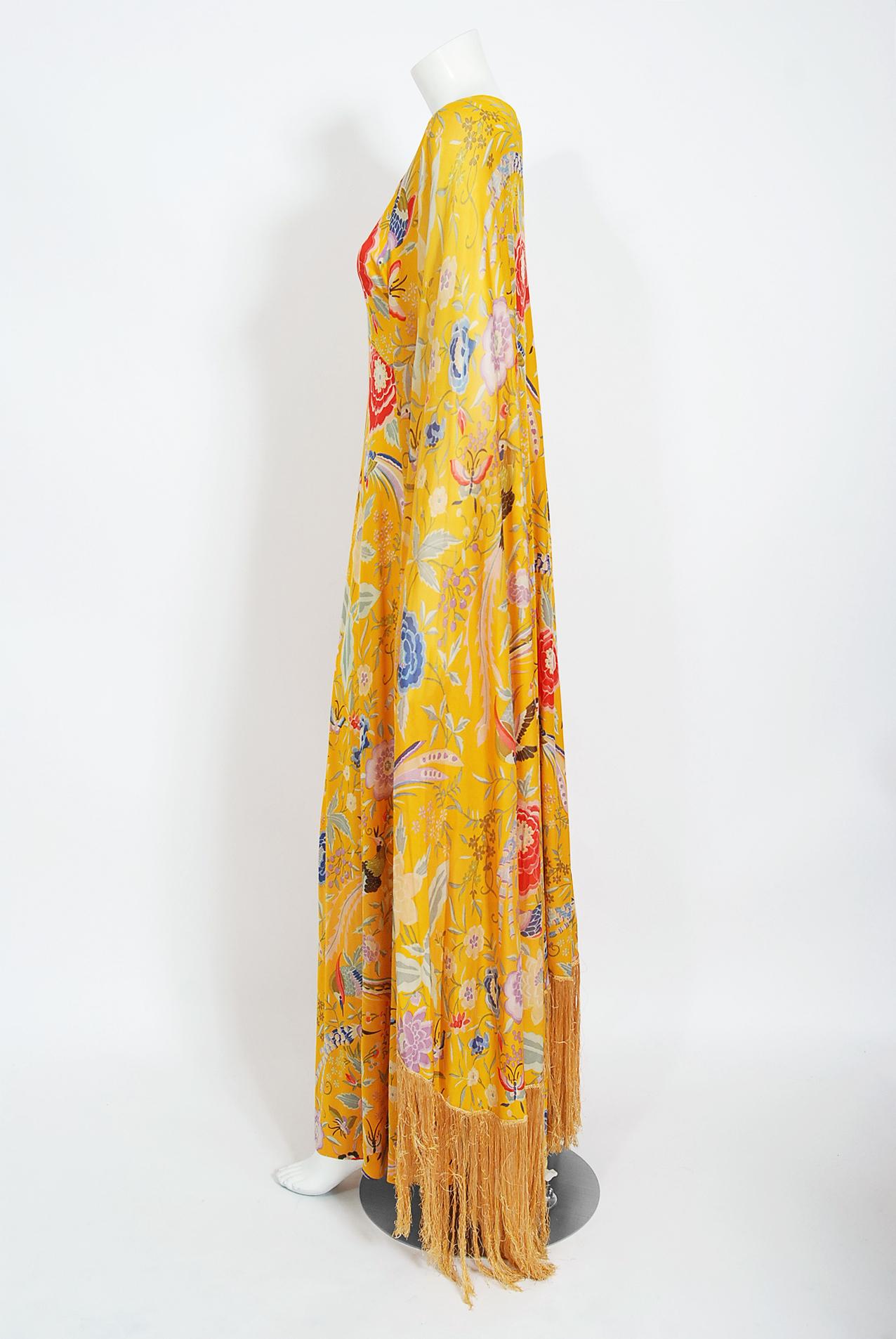 Orange Vintage 1971 Missoni Couture Floral Bird Print Silk-Jersey Fringe Caftan Gown