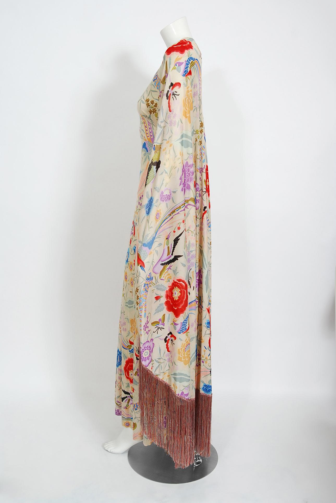 Vintage 1971 Missoni Couture Floral Bird Print Silk-Jersey Fringe Caftan Gown 2