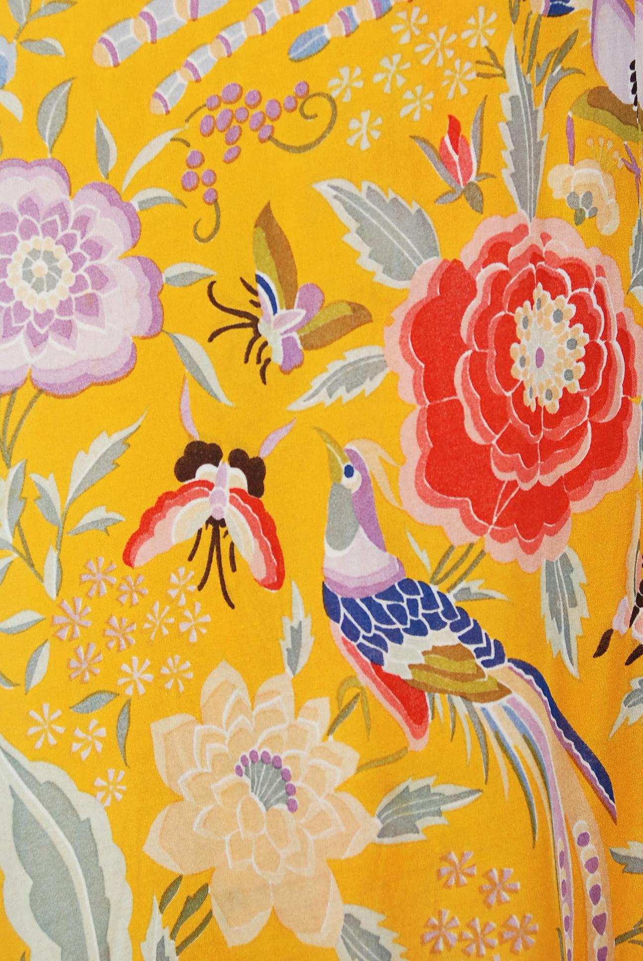 Women's Vintage 1971 Missoni Couture Floral Bird Print Silk-Jersey Fringe Caftan Gown