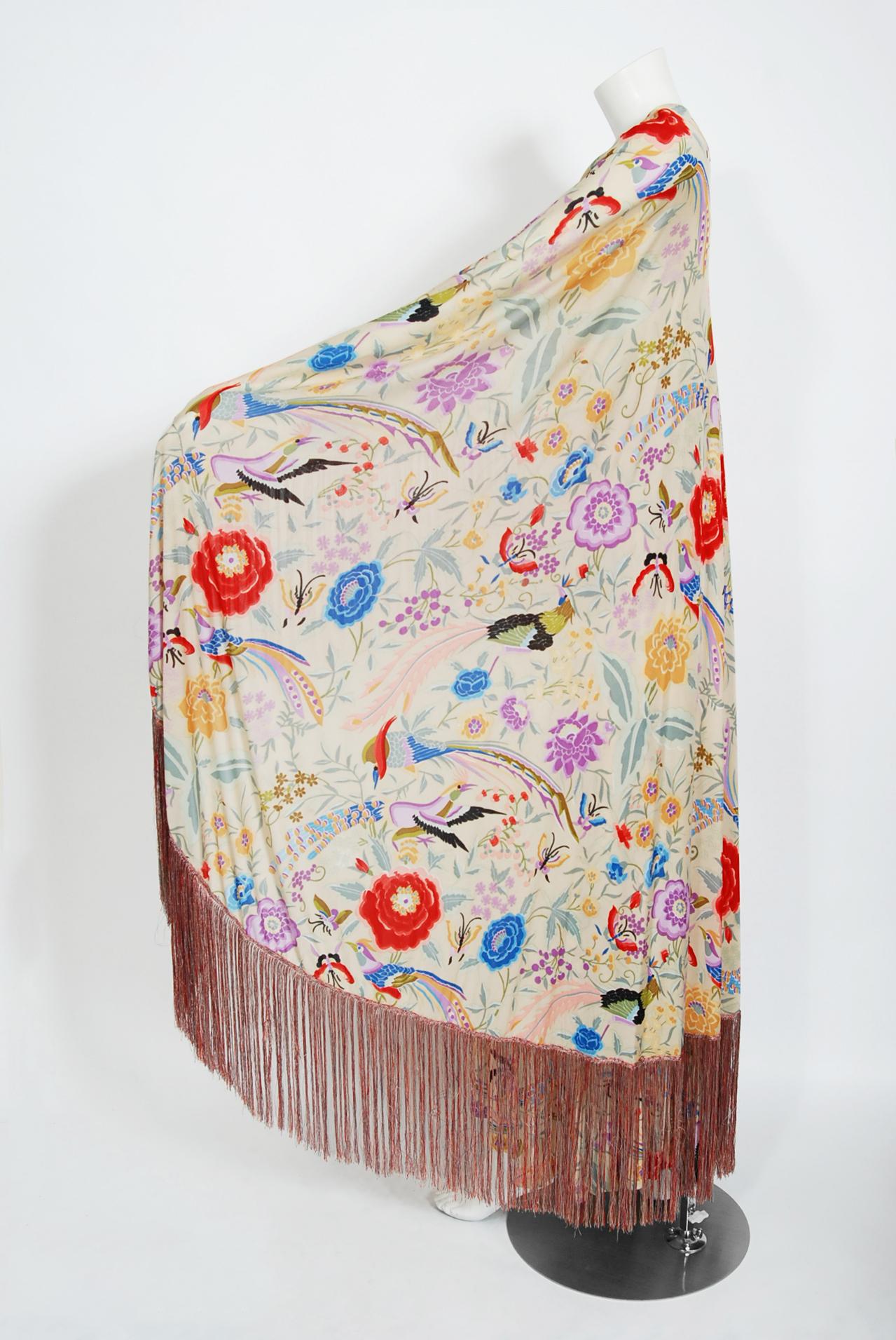 Vintage 1971 Missoni Couture Floral Bird Print Silk-Jersey Fringe Caftan Gown 3