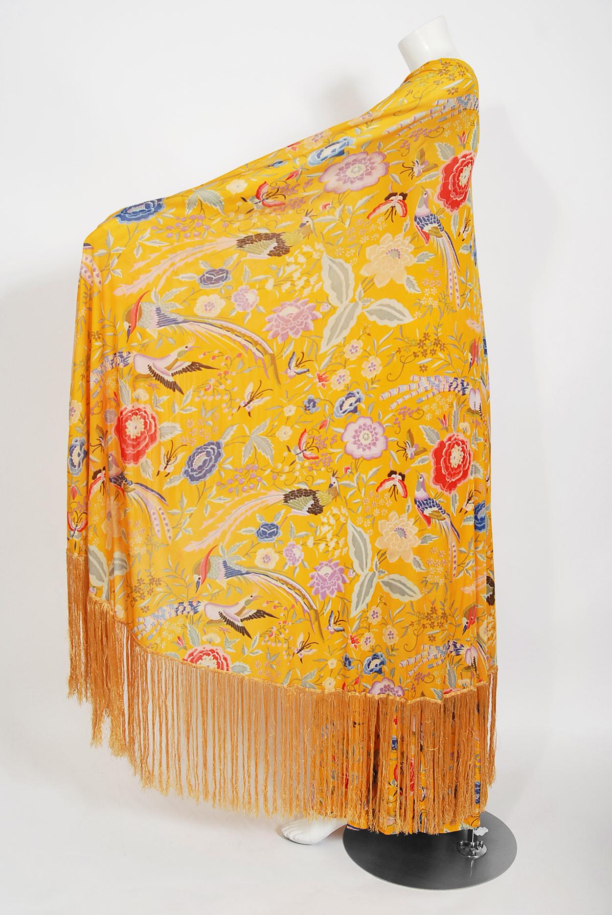 Vintage 1971 Missoni Couture Floral Bird Print Silk-Jersey Fringe Caftan Gown 1