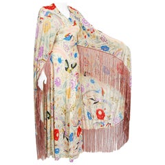 Vintage 1971 Missoni Couture Floral Bird Print Silk-Jersey Fringe Caftan Gown