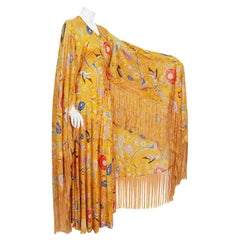 Vintage 1971 Missoni Couture Floral Bird Print Silk-Jersey Fringe Caftan Gown