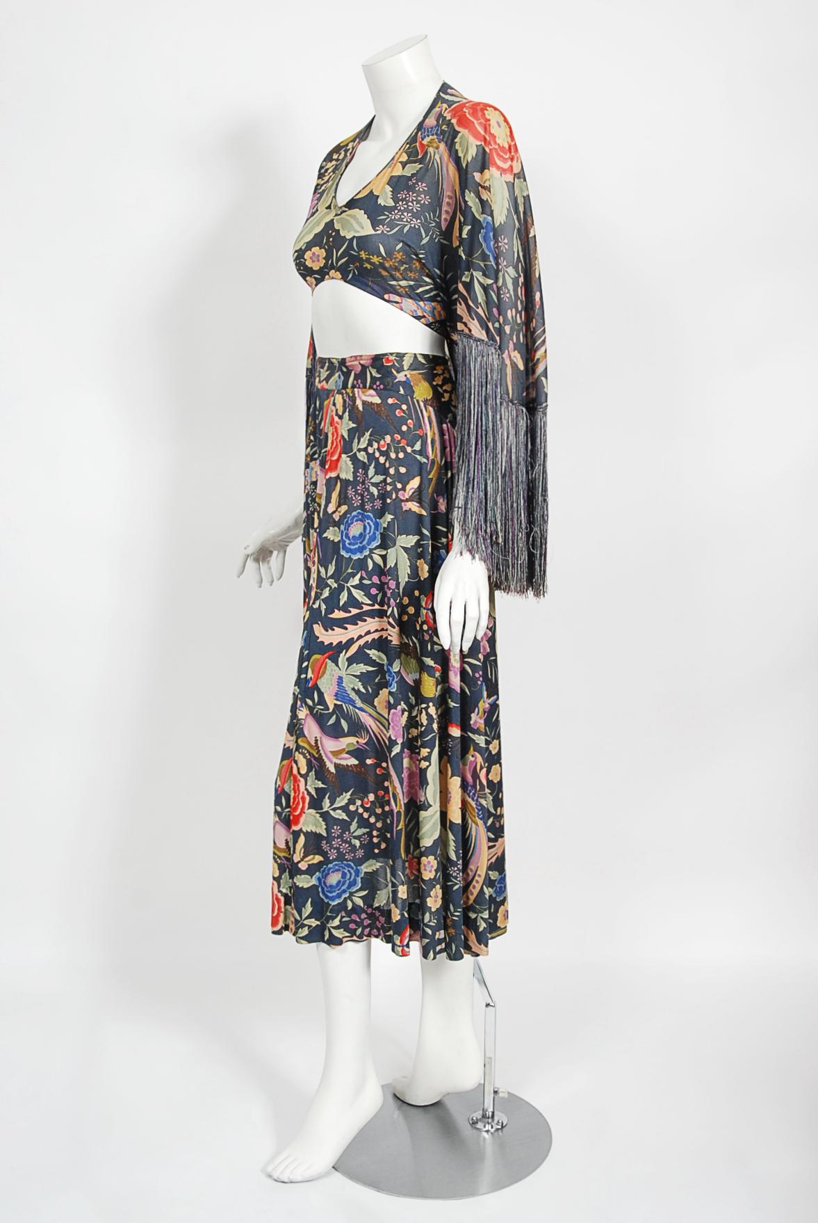 Archival 1971 Missoni Couture Floral Bird Print Silk-Jersey Fringe Crop Top Set For Sale 6