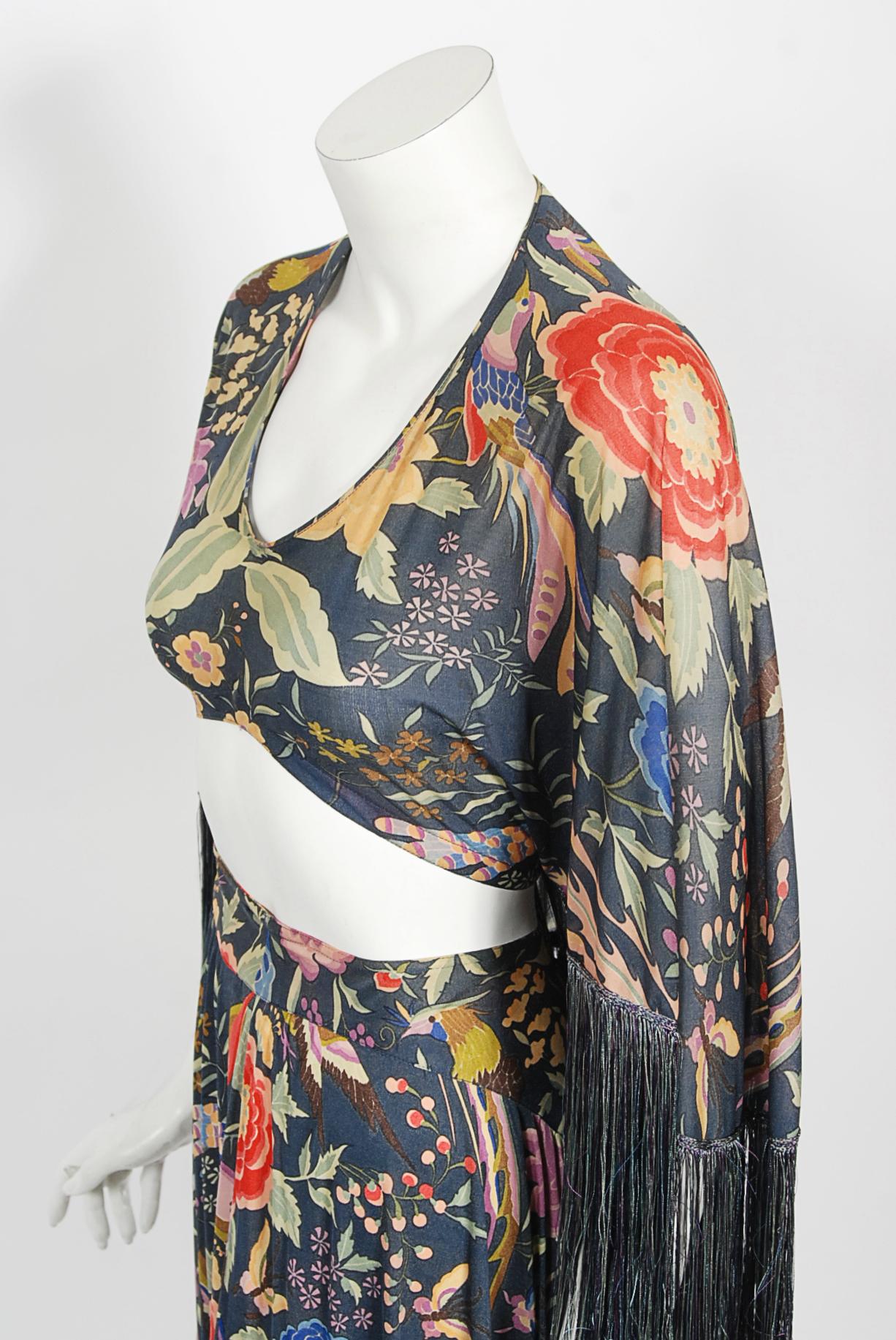 Vintage 1971 Missoni Couture Floral Bird Print Silk-Jersey Fringe Crop Top Set For Sale 7