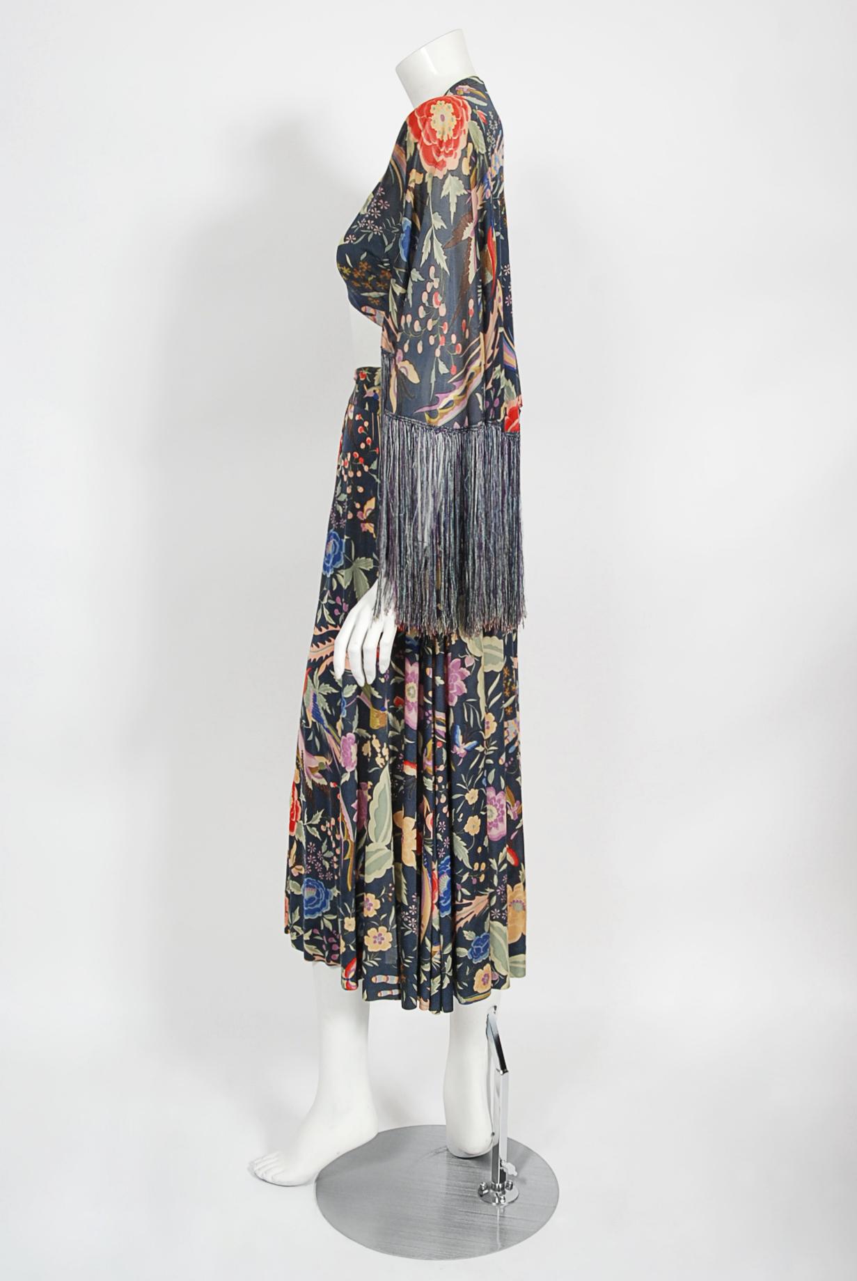 Vintage 1971 Missoni Couture Floral Bird Print Silk-Jersey Fringe Crop Top Set For Sale 8