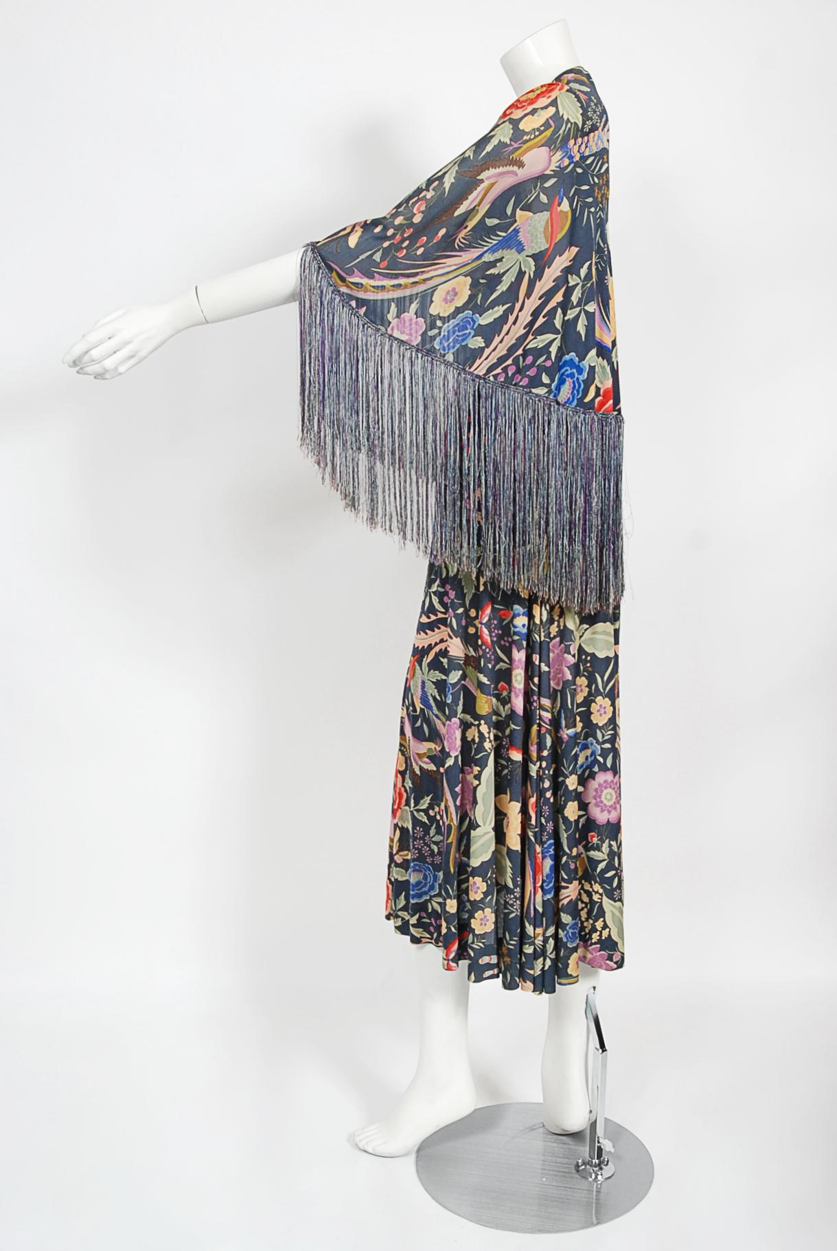 Vintage 1971 Missoni Couture Floral Bird Print Silk-Jersey Fringe Crop Top Set For Sale 9