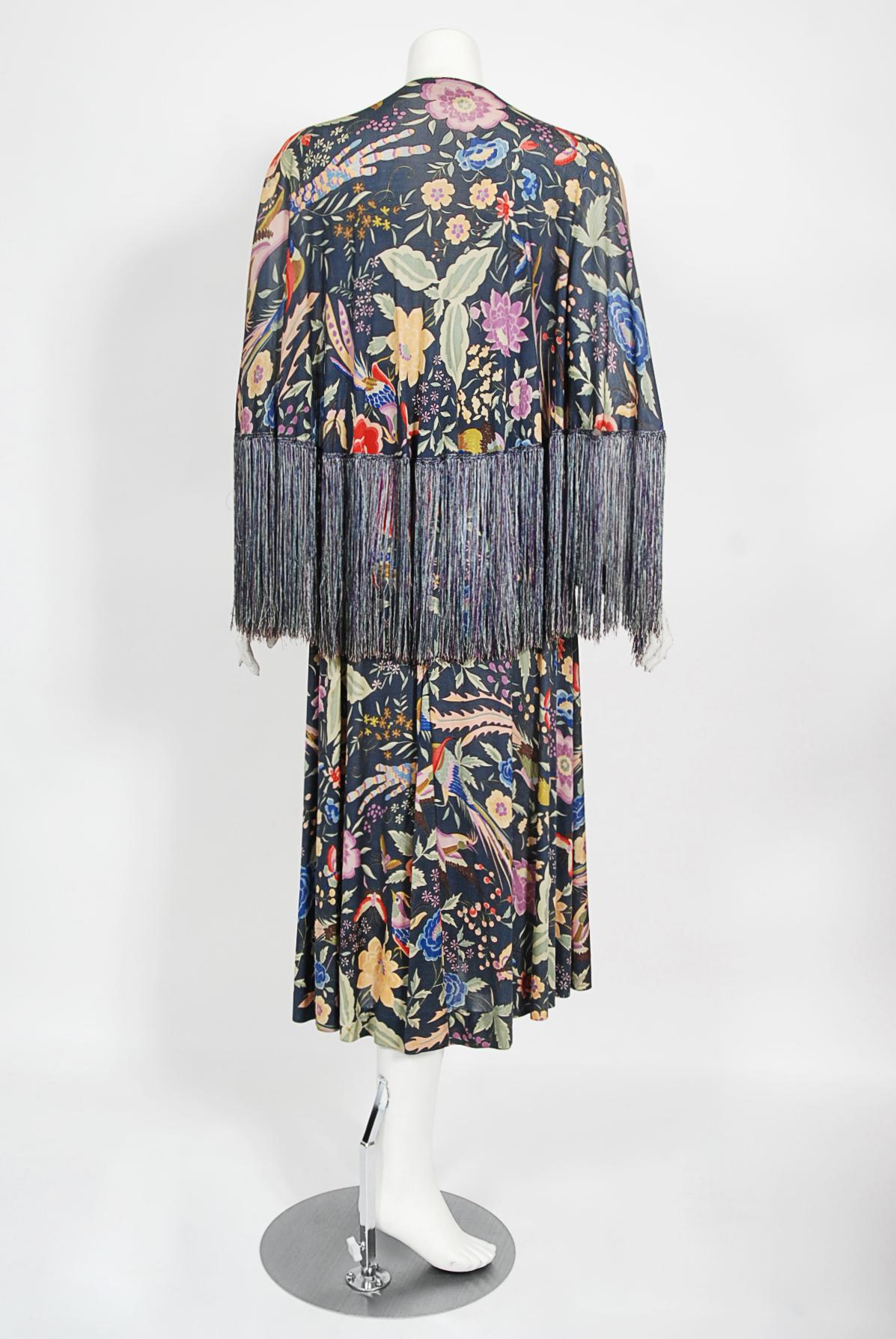 Vintage 1971 Missoni Couture Floral Bird Print Silk-Jersey Fringe Crop Top Set For Sale 10