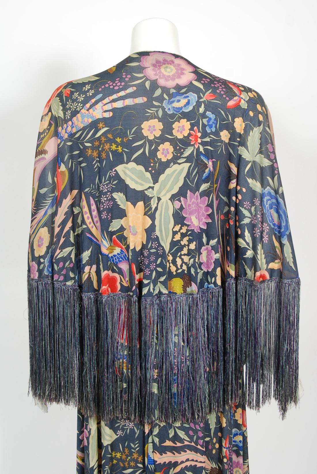 Vintage 1971 Missoni Couture Floral Bird Print Silk-Jersey Fringe Crop Top Set For Sale 11