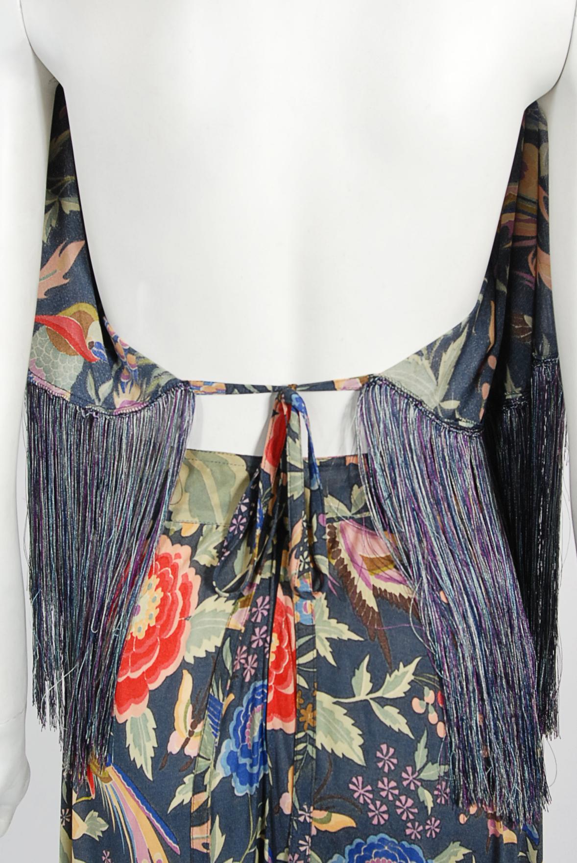 Vintage 1971 Missoni Couture Floral Bird Print Silk-Jersey Fringe Crop Top Set For Sale 12