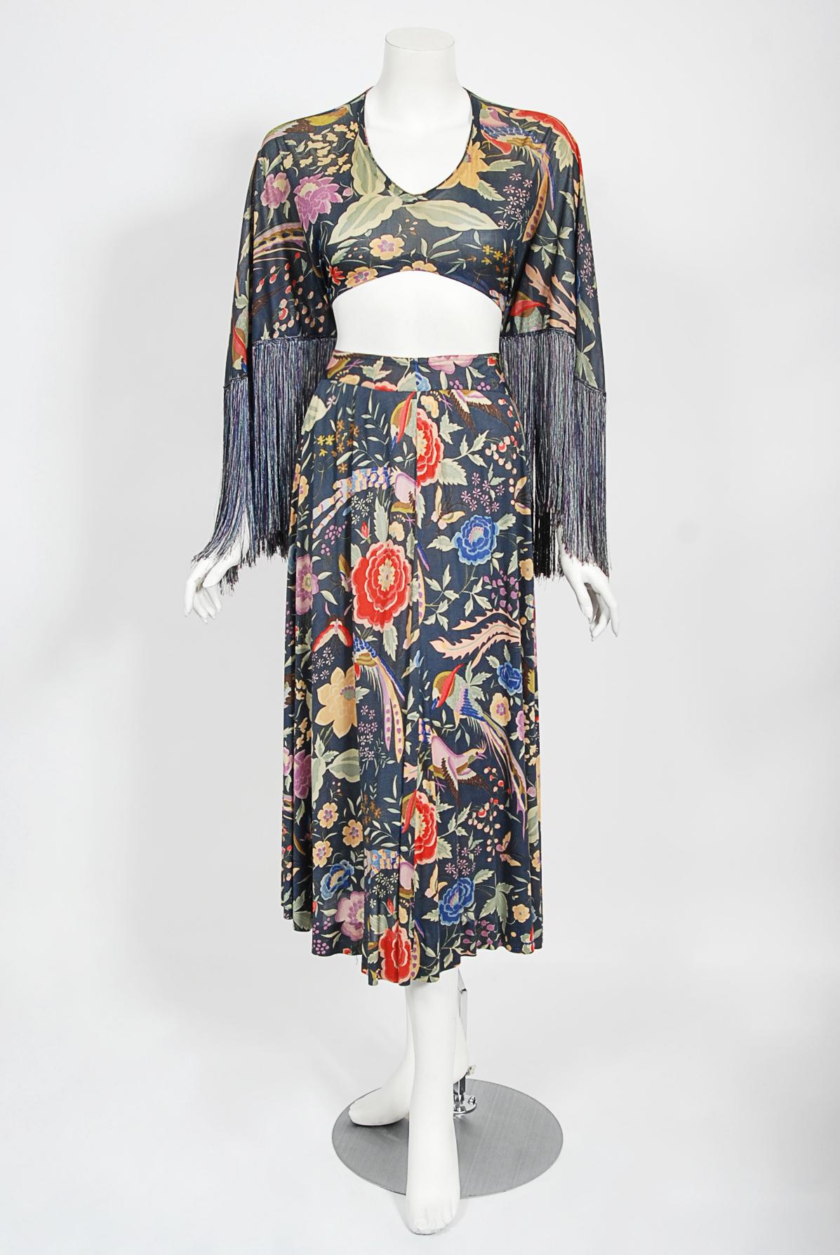 Breathtaking and highly coveted Missoni Couture documented iconic navy blue floral bird garden print two-piece ensemble from their 1971 collection. Such a rare and gorgeous color! Redefining an entire genre of fashion, the 1970's were seen as