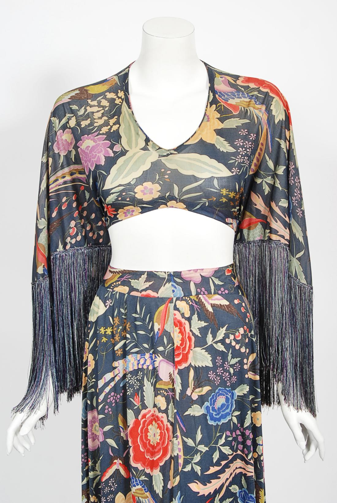 Gray Vintage 1971 Missoni Couture Floral Bird Print Silk-Jersey Fringe Crop Top Set For Sale
