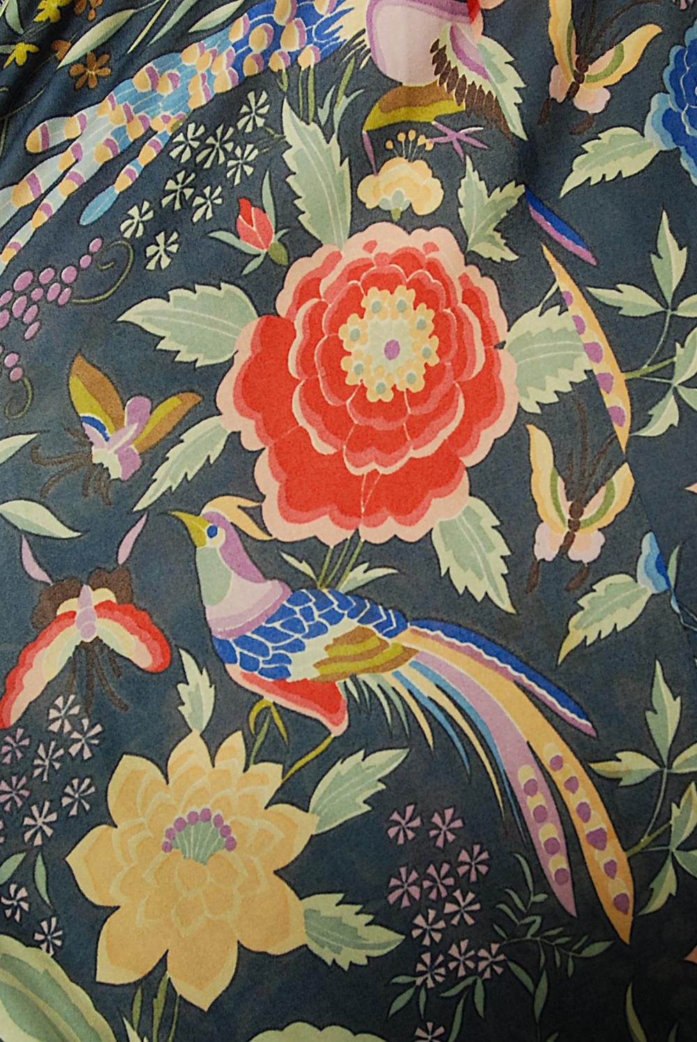 Vintage 1971 Missoni Couture Floral Bird Print Silk-Jersey Fringe Crop Top Set For Sale 1