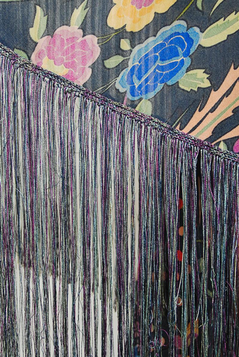 Archival 1971 Missoni Couture Floral Bird Print Silk-Jersey Fringe Crop Top Set For Sale 2