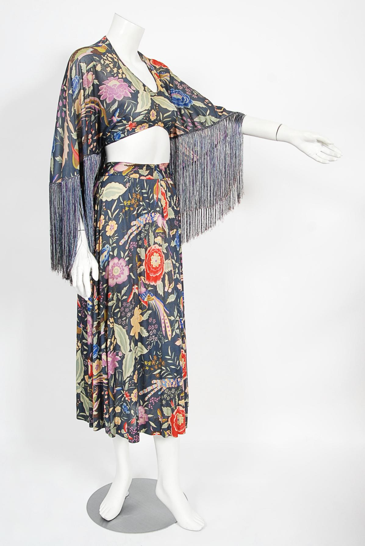 Archival 1971 Missoni Couture Floral Bird Print Silk-Jersey Fringe Crop Top Set For Sale 3