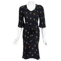 Vintage 1971 Ossie Clark Black Floral Celia Birtwell Print Silk Bias-Cut Dress 