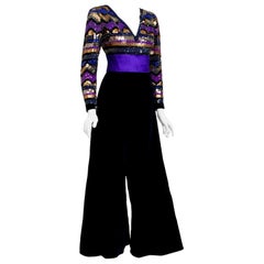 Archival 1971 Pierre Balmain Haute Couture Beaded Blue Velvet Jumpsuit & Jacket