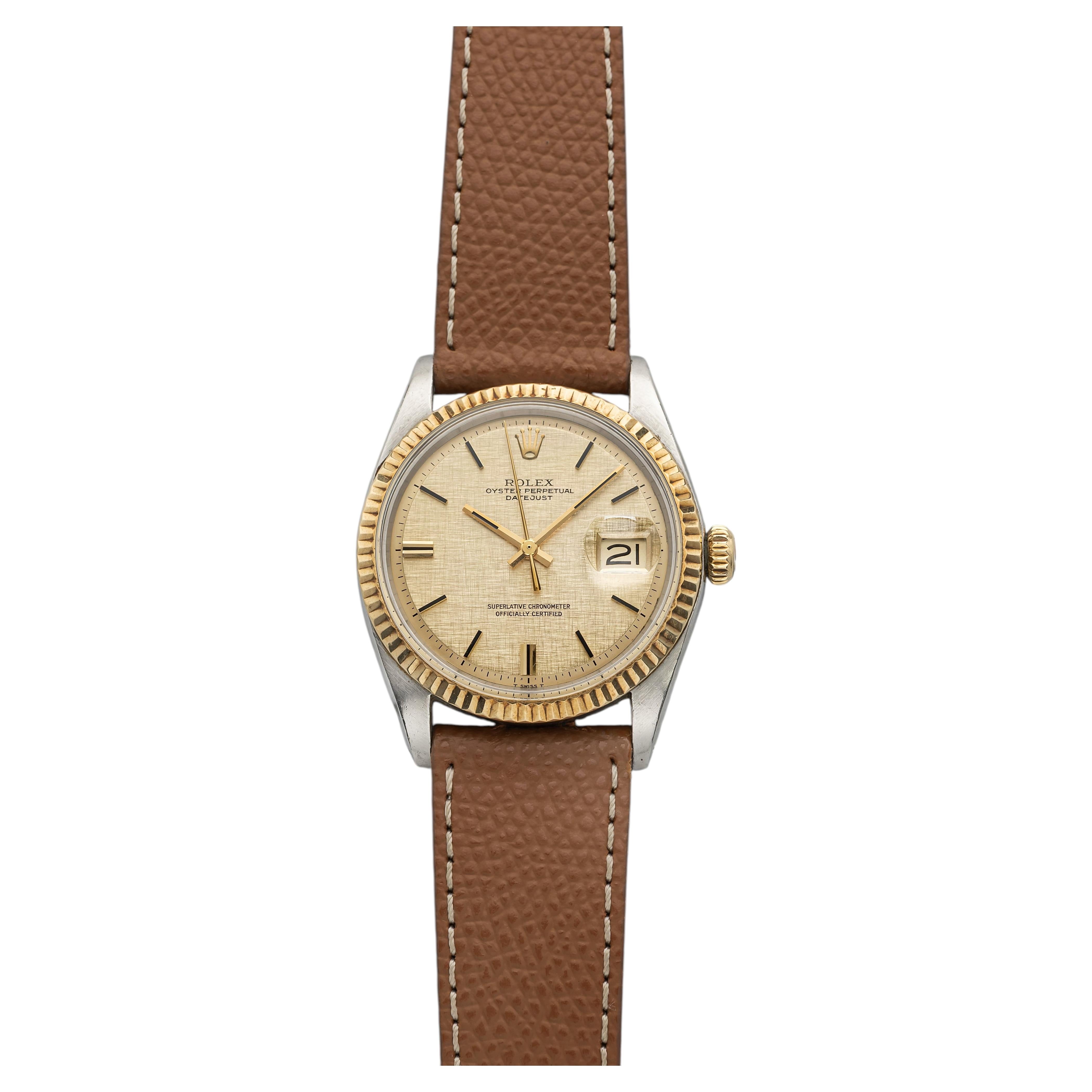 Vintage 1971 Rolex Datejust 1601 Two-Tone Champagne Linen Dial Auto 36mm For Sale