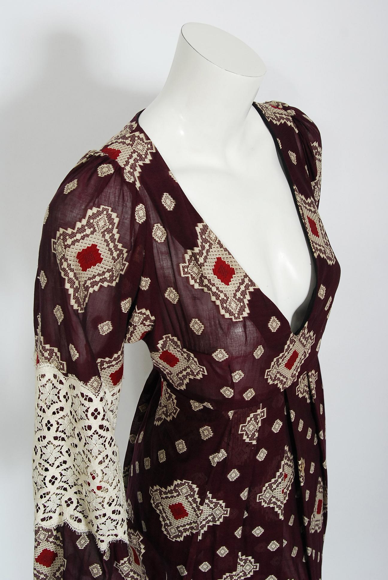 Black Vintage 1971 Thea Porter Brocaded Cotton & Lace Low Cut Billow-Sleeve Maxi Dress