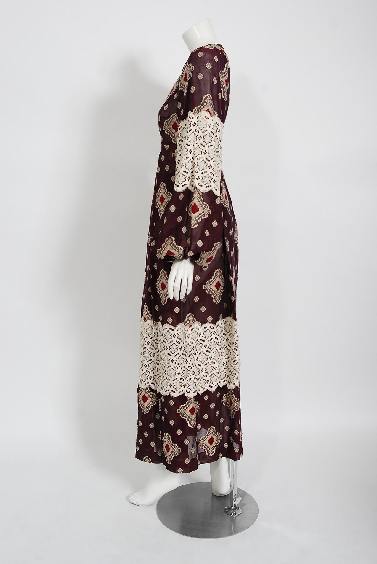 Women's Vintage 1971 Thea Porter Brocaded Cotton & Lace Low Cut Billow-Sleeve Maxi Dress
