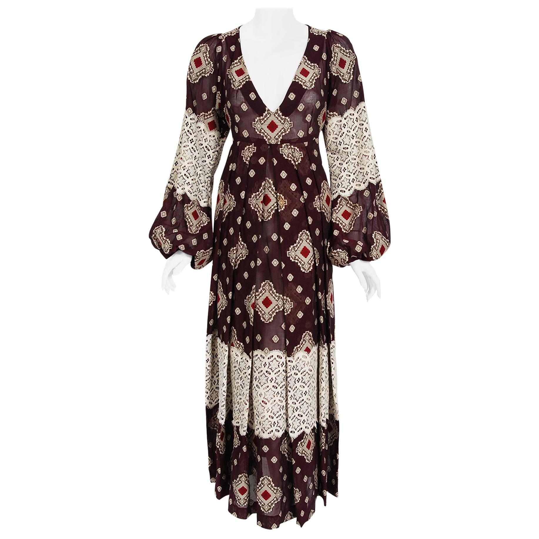 Vintage 1971 Thea Porter Brocaded Cotton & Lace Low Cut Billow-Sleeve Maxi Dress