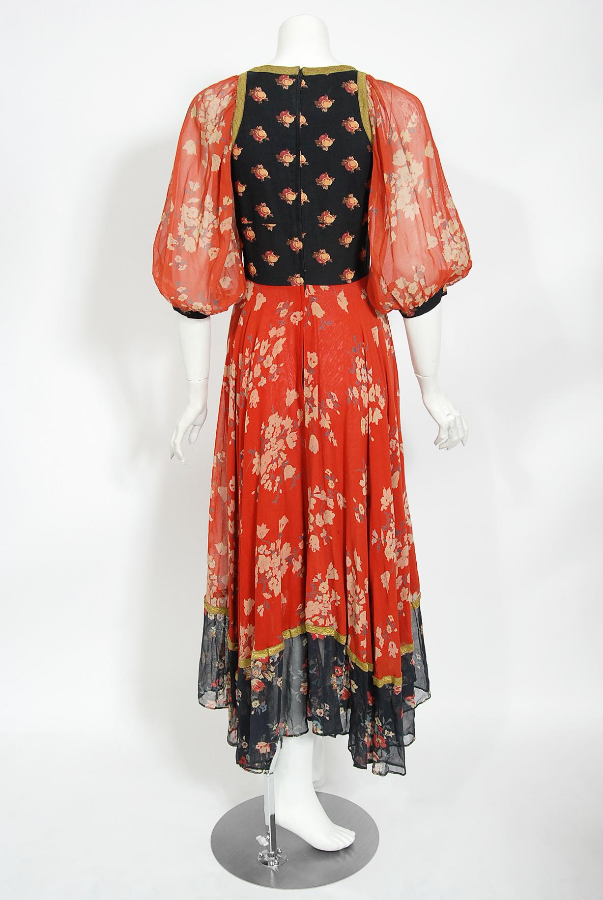 Vintage 1971 Thea Porter Documented Black & Red Floral Print Cotton Gypsy Dress  9